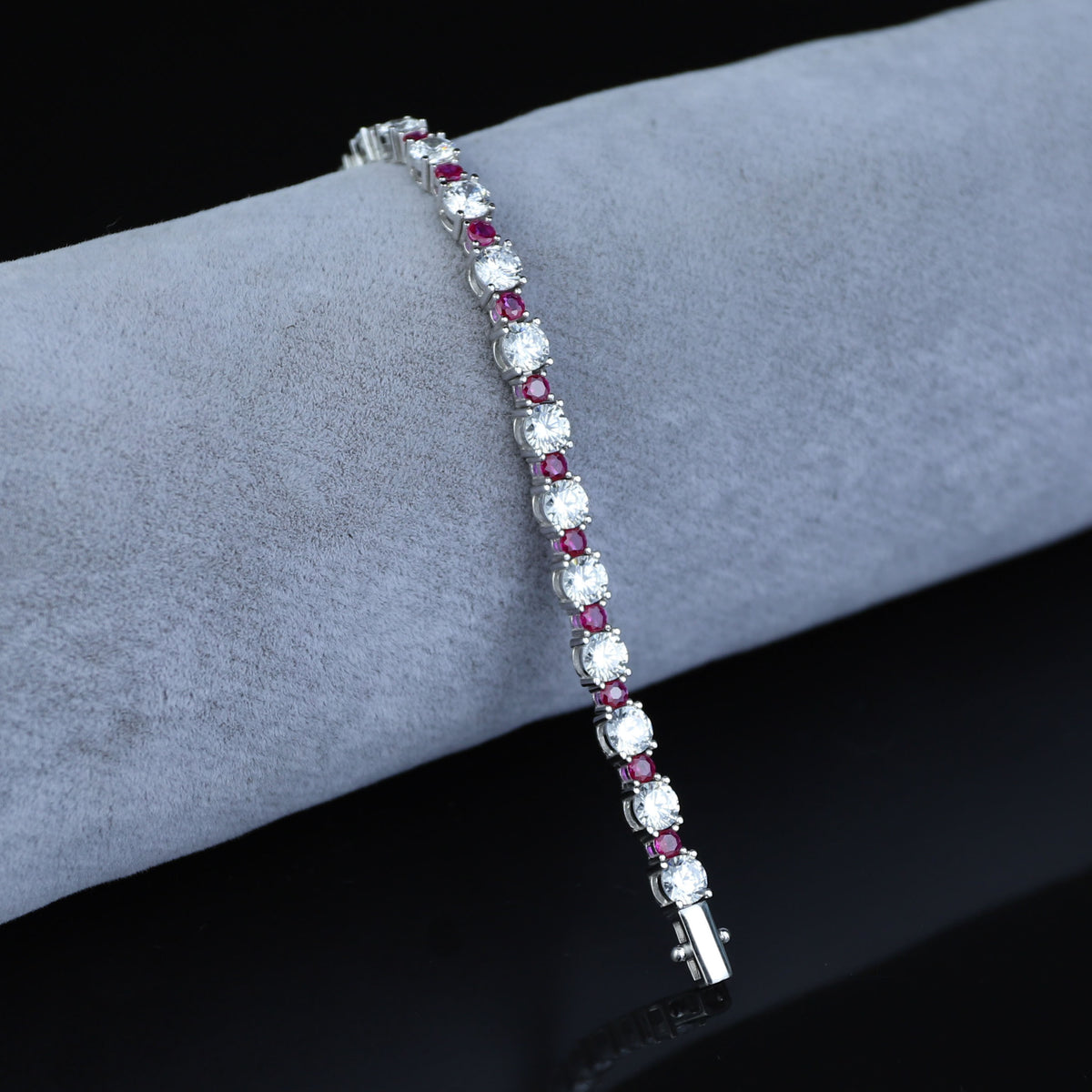 Men Silver Ruby Tennis Bracelet, Unisex Round Diamond Ruby Link Bracelet, Mens Tennis Link Chain Men Bracelet, Men Link Bracelet, 925 Silver