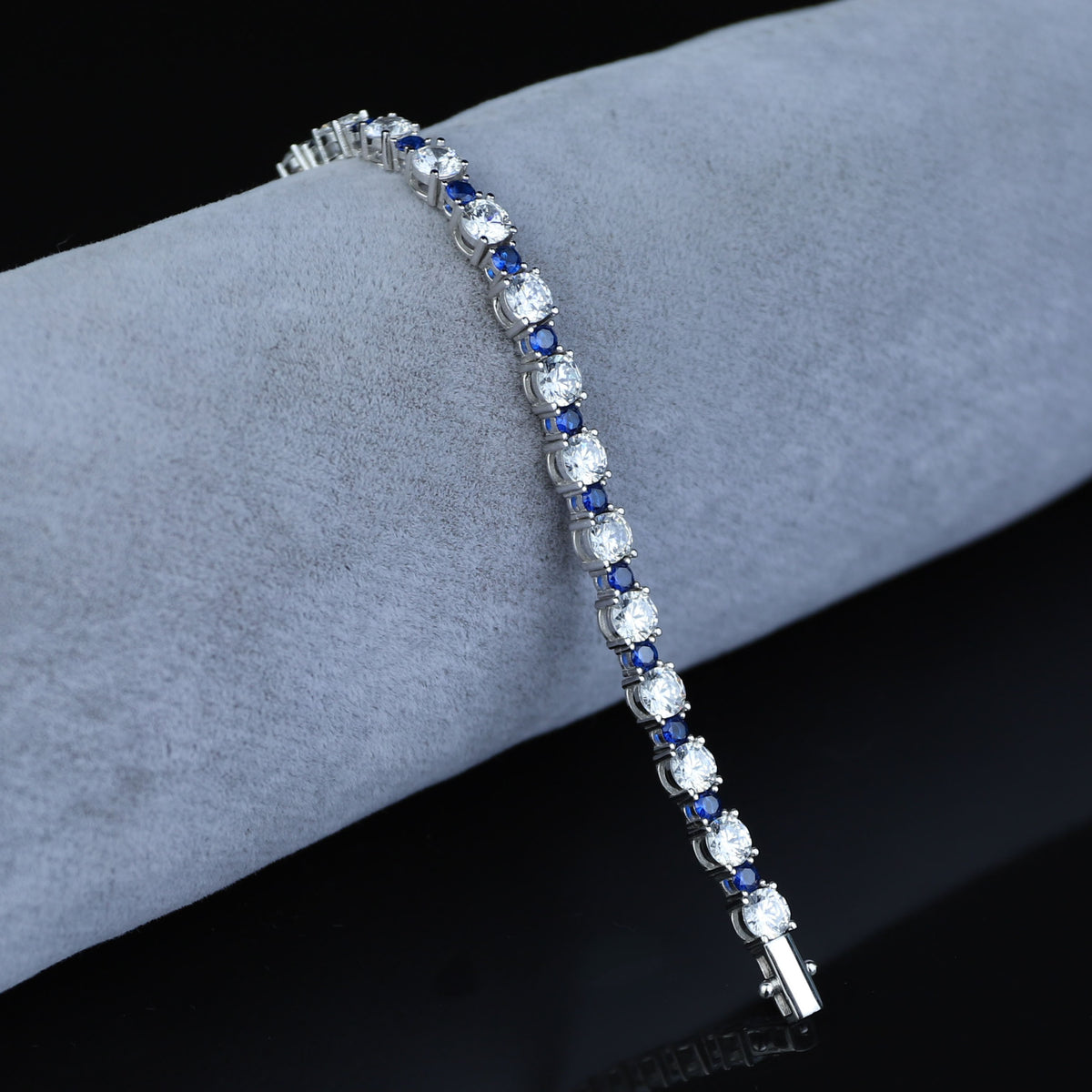 Silver Round Sapphire Bracelet, Men Luxury Blue Sapphire Bracelet, Elegant Sapphire Tennis Bracelet, Unisex Tennis Chain