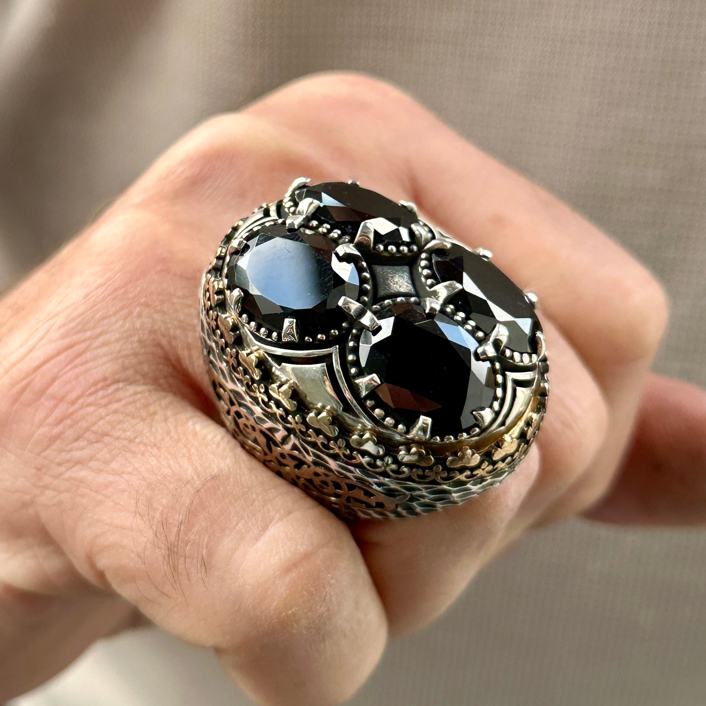 Men Silver Large Ottoman Style Big Onyx Gemstone Ring