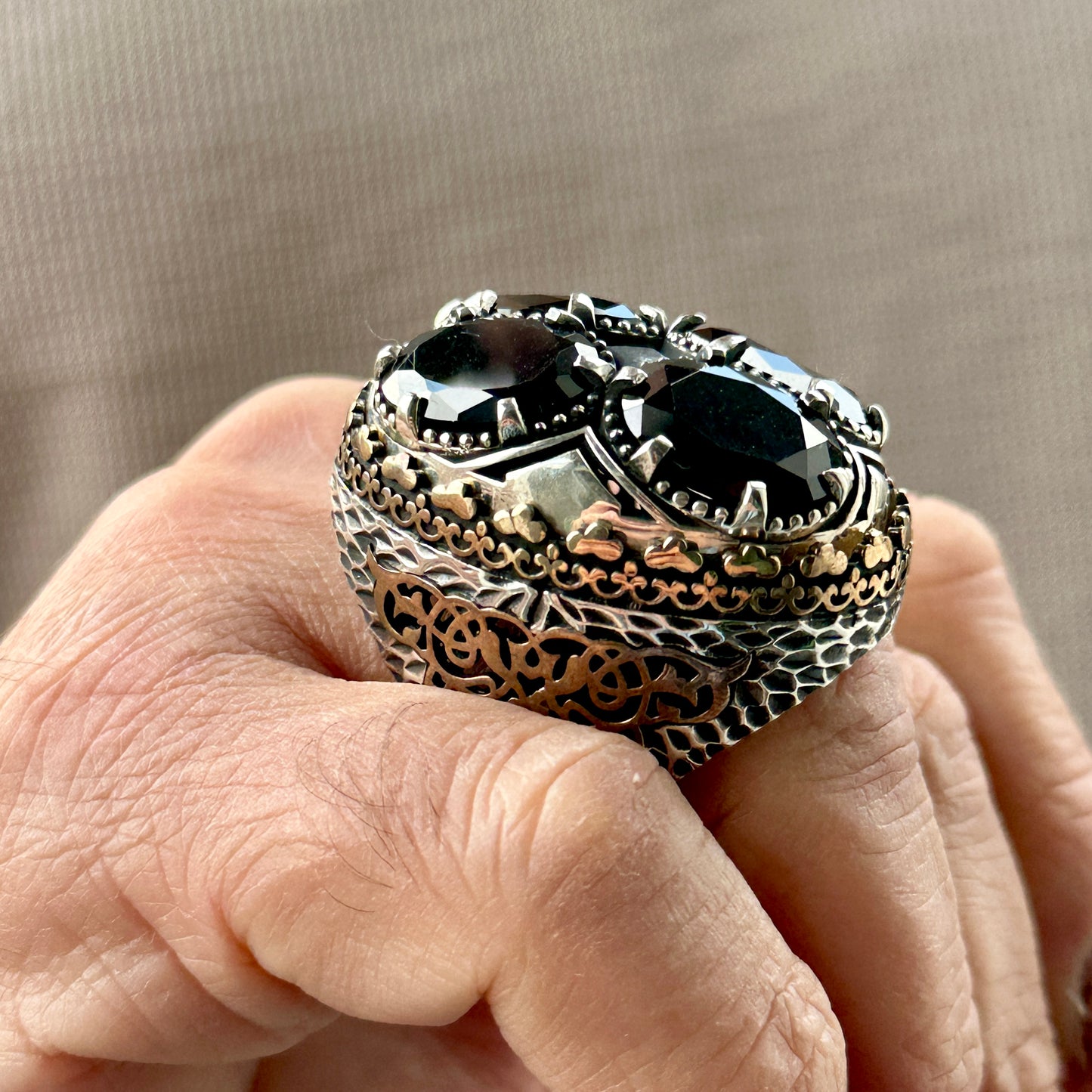 Men Silver Large Ottoman Style Big Onyx Gemstone Ring