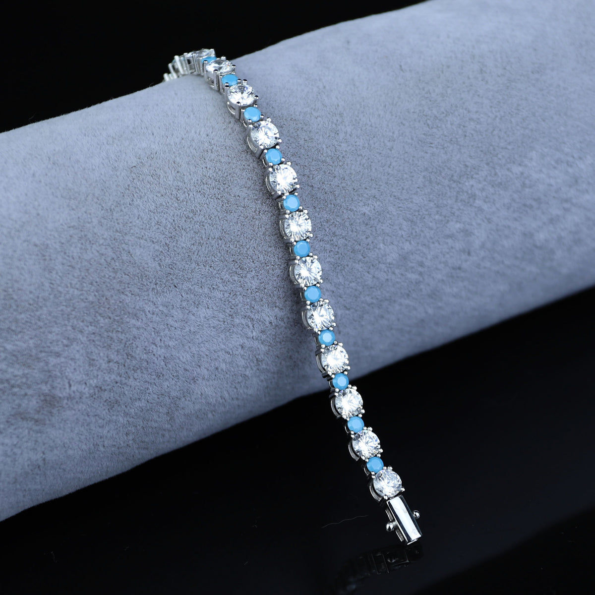 925 Silver Turquoise Tennis Bracelet, Men Round Turquoise Gemstone Bracelet, Diamond Turquoise Tennis Bracelet