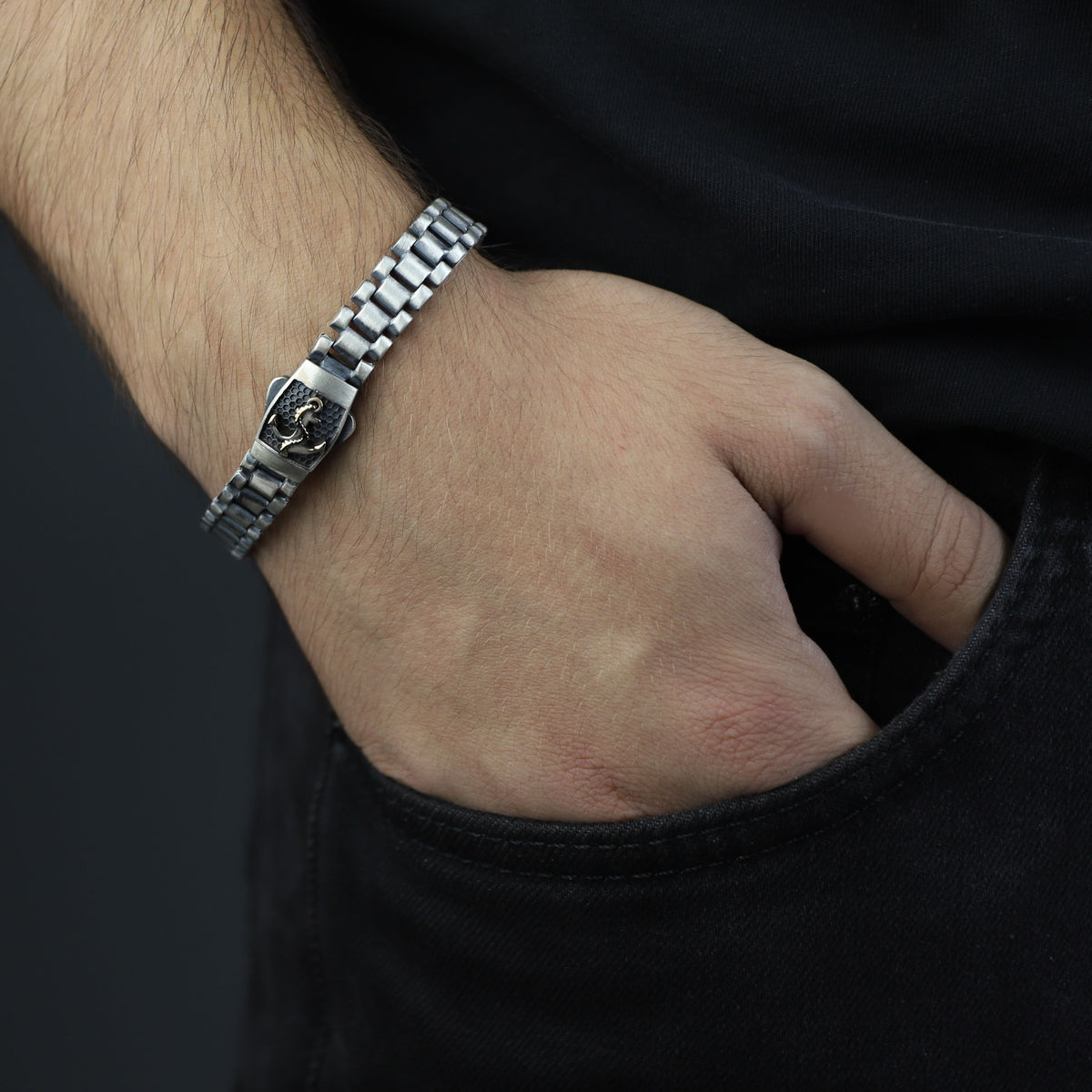 925 Sterling Silver Watch Band Bracelet, Anchor Figured Watch Band Bracelet, 10MM Chain Bracelet, Modern Bracelet For Men