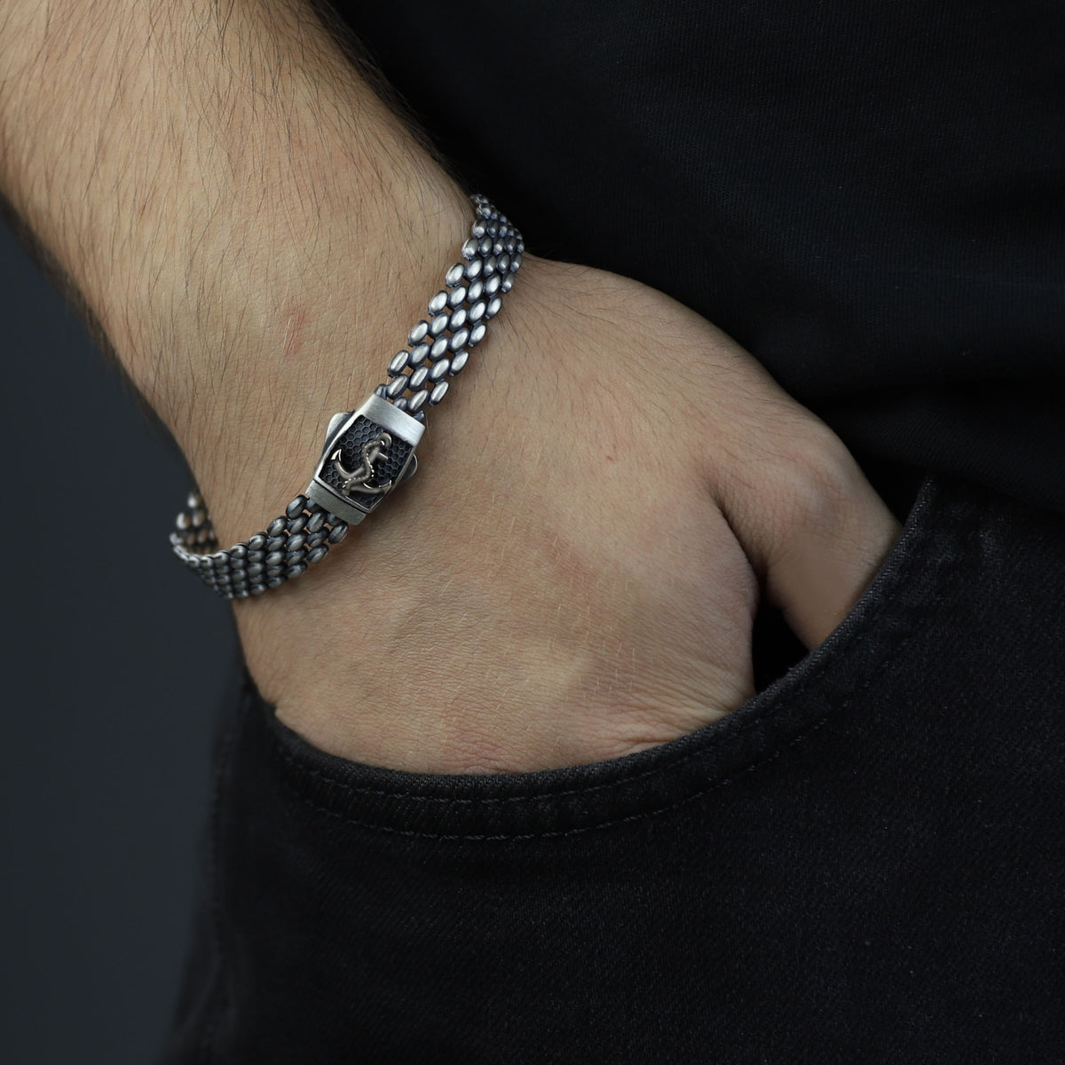 Solid Silver Cable Bracelet, Handmade Onyx Anchor Bracelet, Elegant Men Chain Bracelet, Anchor Chain Bracelet, Bracelet For Men