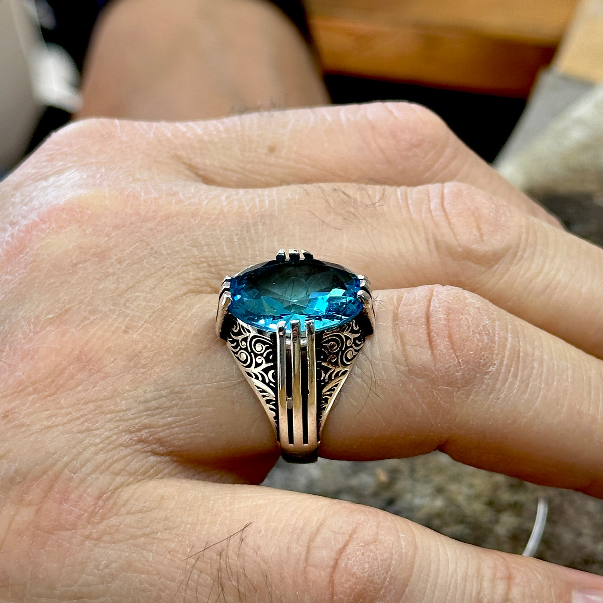 Men Handmade Ottoman Style Oval Aquamarine Stone Silver Ring