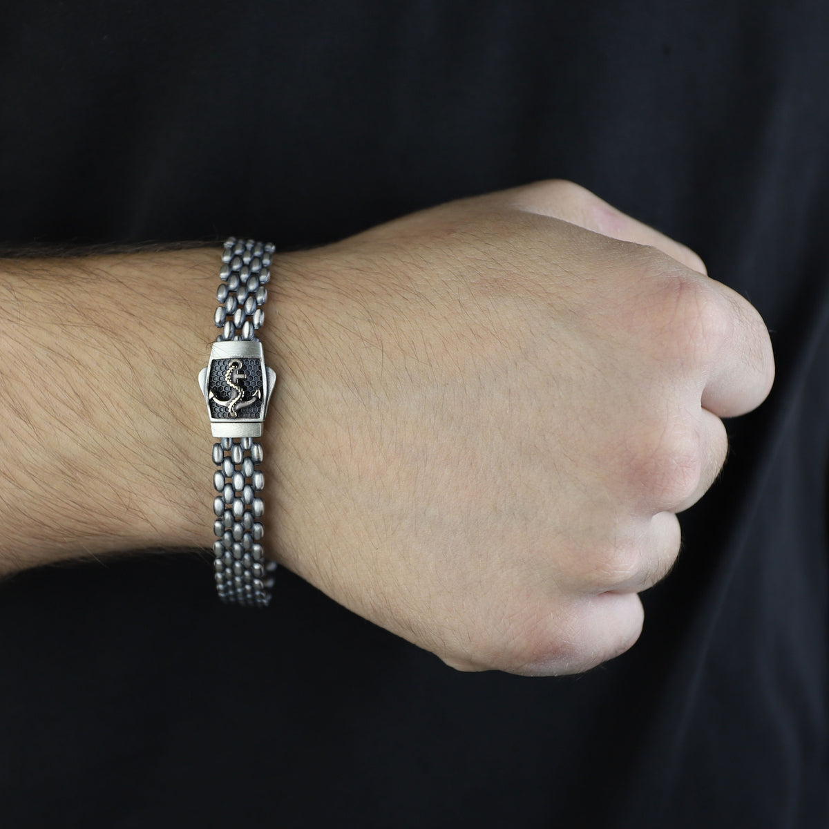 Solid Silver Cable Bracelet, Handmade Onyx Anchor Bracelet, Elegant Men Chain Bracelet, Anchor Chain Bracelet, Bracelet For Men