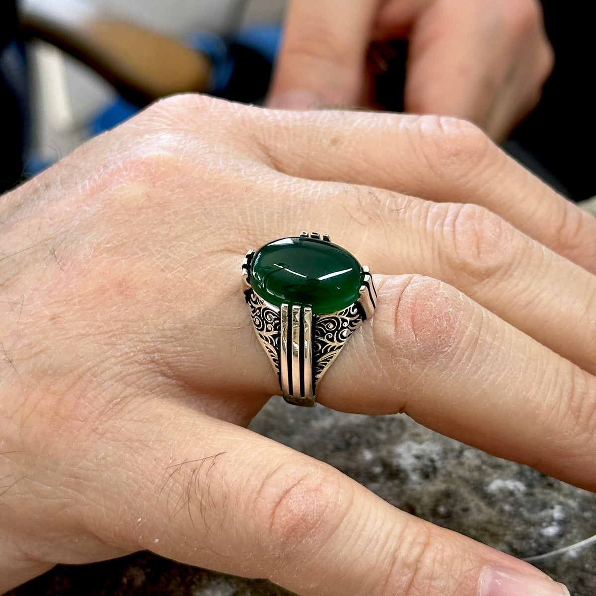Men Handmade Ottoman Style Green Agate Stone Ring