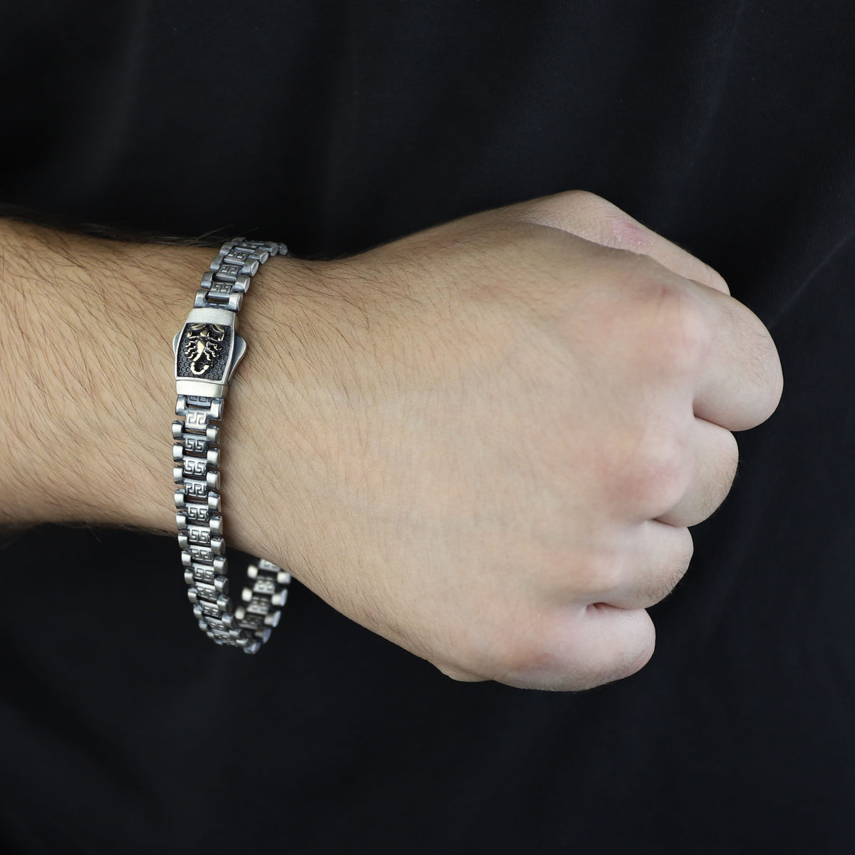 Silver Greek Style Chain Bracelet, Scorpion Figured Chain Bracelet, Silver Link Chain Men Bracelet, Men Engraved Bracelet