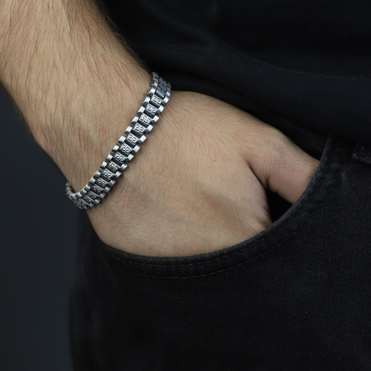 925 Silver Watch Band Chain Bracelet, Greek Style Solomon Signet Bracelet, Oxide Silver Bracelet, Gourmet Cuban Link Silver Bracelet