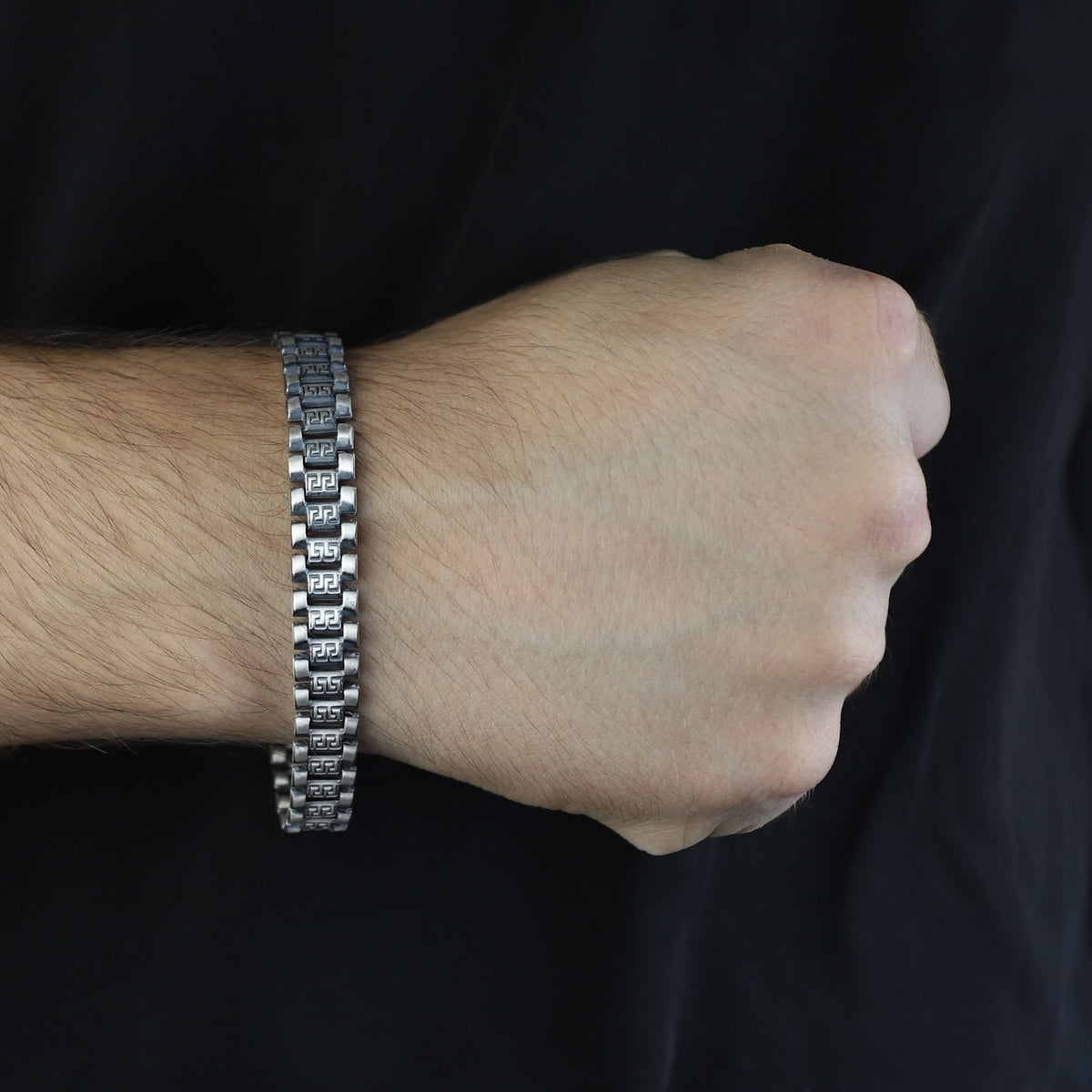 925 Silver Watch Band Chain Bracelet, Greek Style Solomon Signet Bracelet, Oxide Silver Bracelet, Gourmet Cuban Link Silver Bracelet