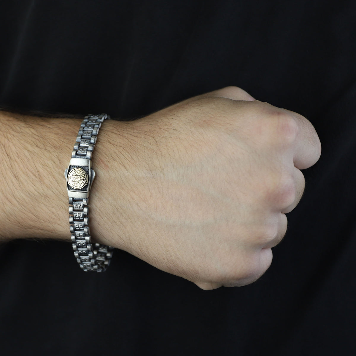 925 Silver Watch Band Chain Bracelet, Greek Style Solomon Signet Bracelet, Oxide Silver Bracelet, Gourmet Cuban Link Silver Bracelet