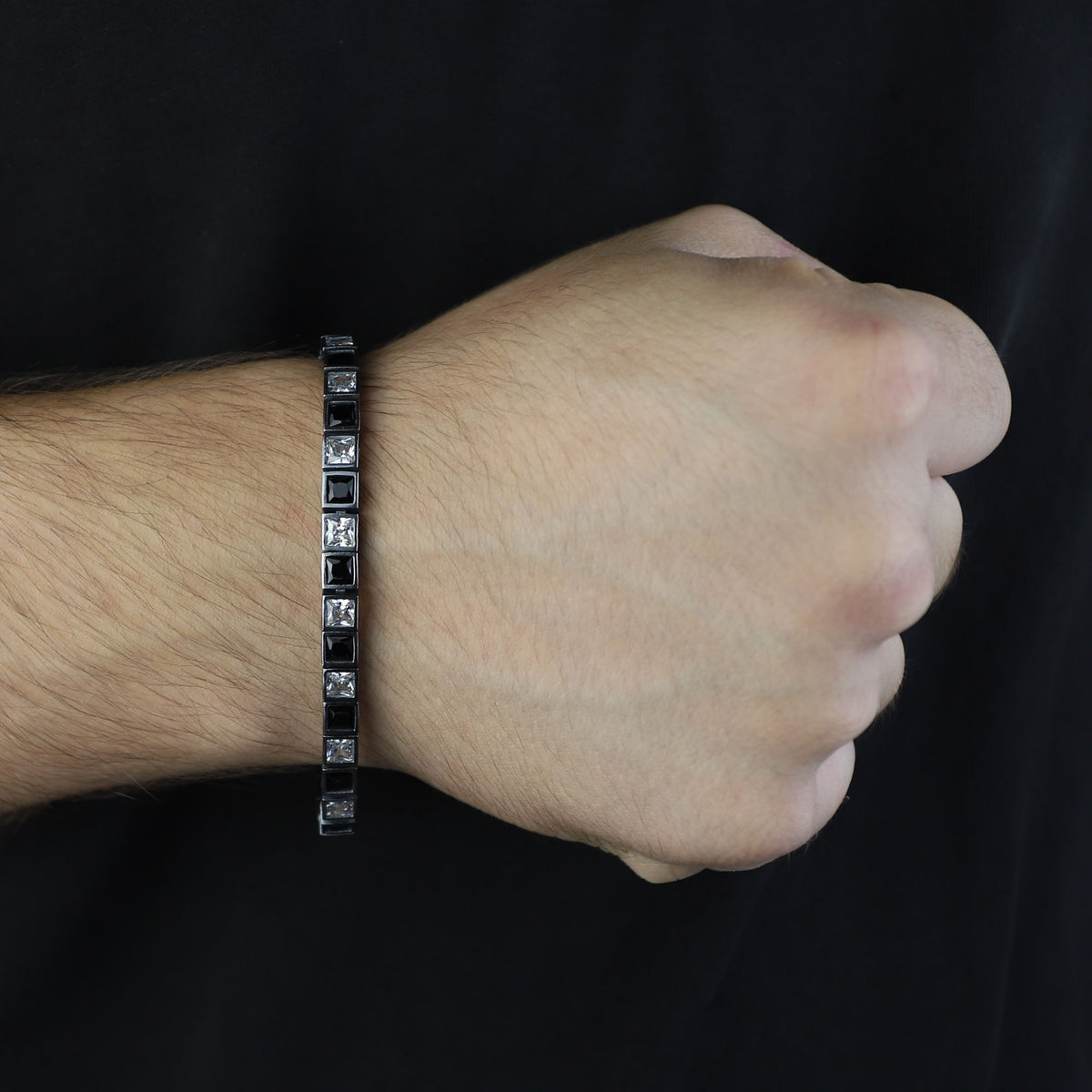 Men Silver Square Diamond Bracelet, Elegant Black And White Diamond Bracelet, Mens Black Diamond Bracelet, Perfect Men Gift, 925 Silver