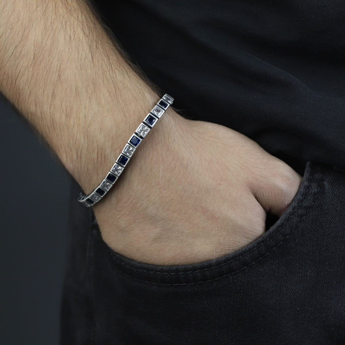925 Silver Sapphire Tennis Bracelet, Men Luxury Blue Sapphire Tennis Bracelet, Elegant Sapphire Tennis Bracelet, Square Cut Bracelet