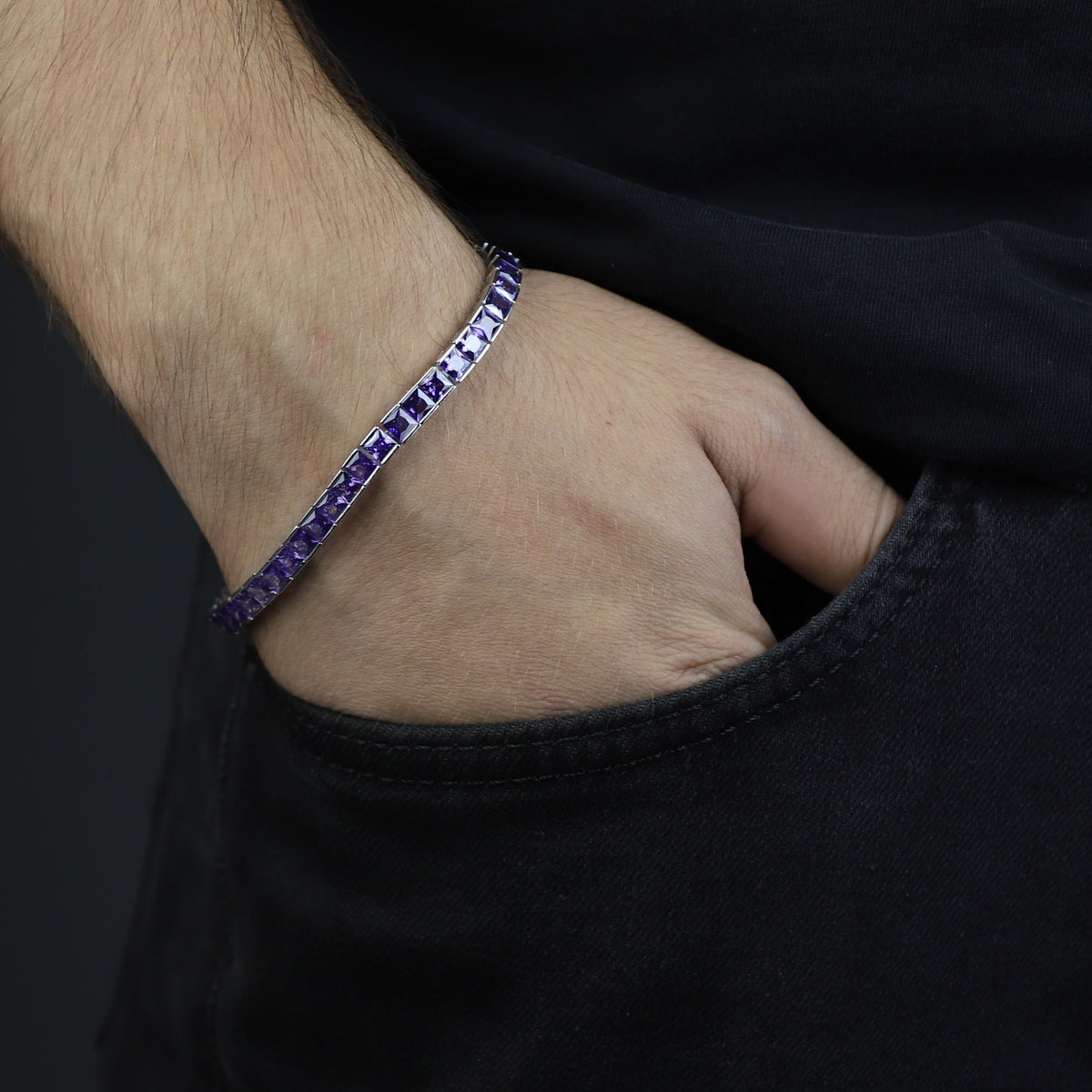 Silver Square Amethyst Tennis Bracelet, Silver Rhodium Tennis Bracelet, Men Luxury Tennis Chain, Purple Gemstone Tennis Bracelet