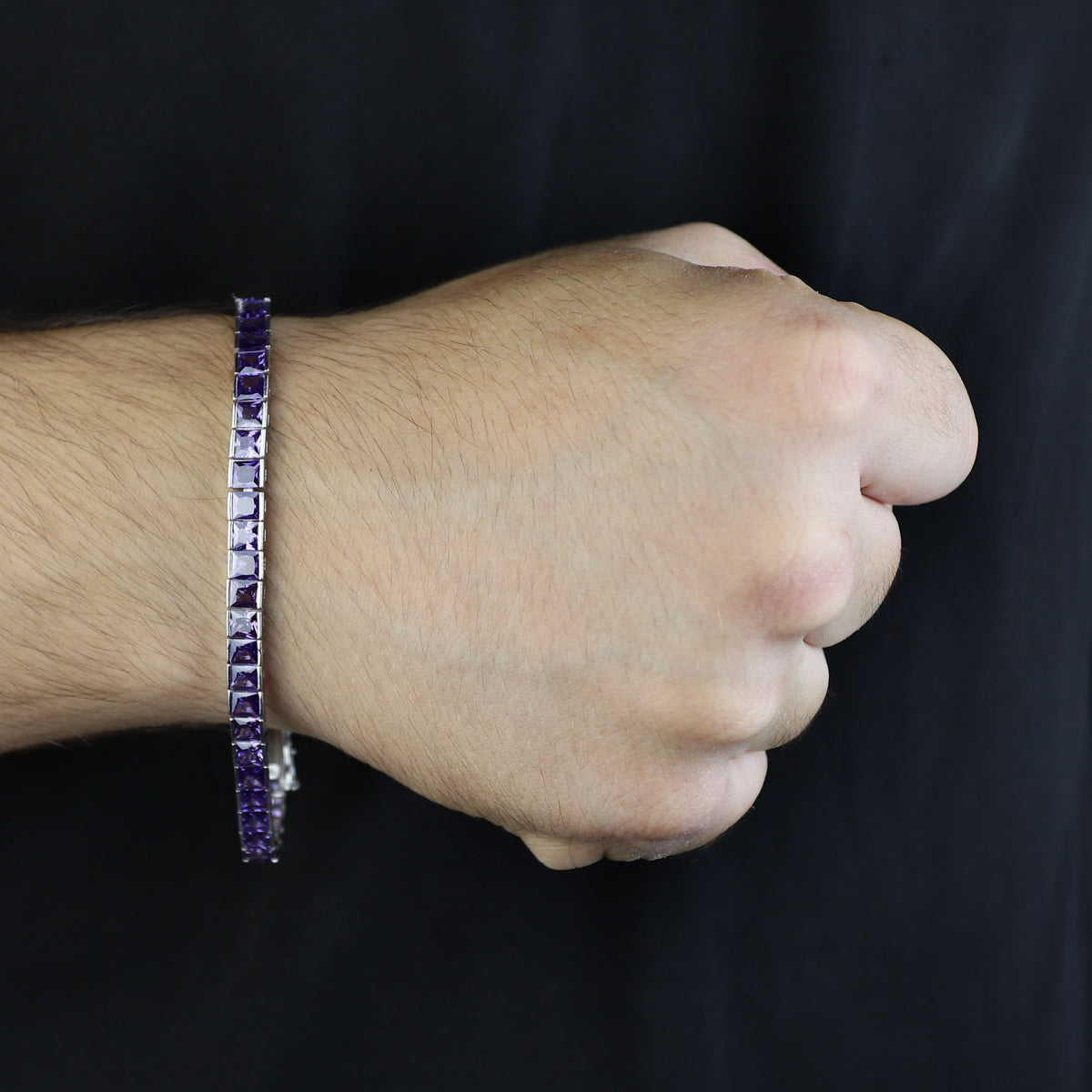Silver Square Amethyst Tennis Bracelet, Silver Rhodium Tennis Bracelet, Men Luxury Tennis Chain, Purple Gemstone Tennis Bracelet