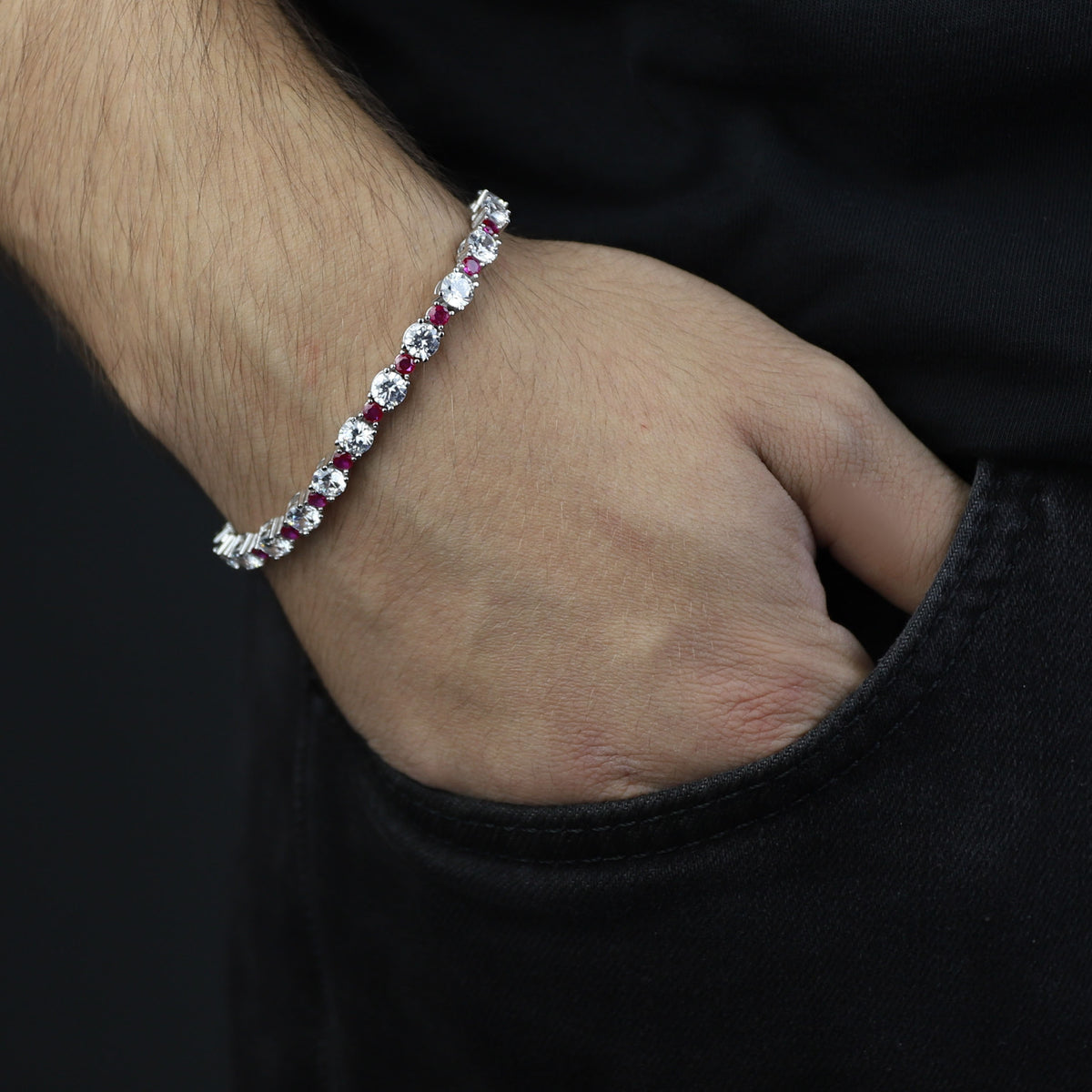 Men Silver Ruby Tennis Bracelet, Unisex Round Diamond Ruby Link Bracelet, Mens Tennis Link Chain Men Bracelet, Men Link Bracelet, 925 Silver