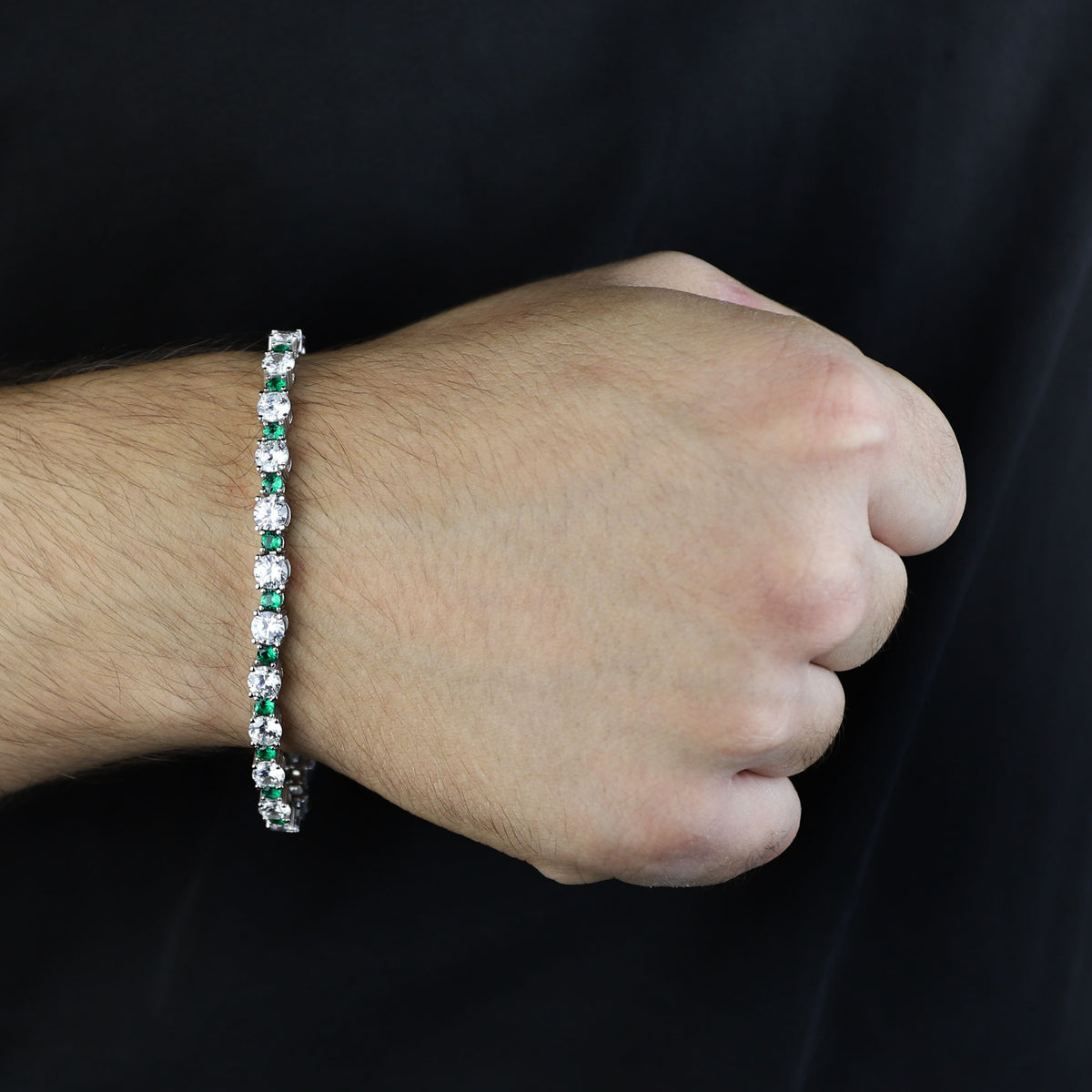 925 Men Silver Emerald Diamond Bracelet, Luxury Green Tennis Chain Bracelet, Men Emerald Diamond Tennis Bracelet, Elegant Bracelet