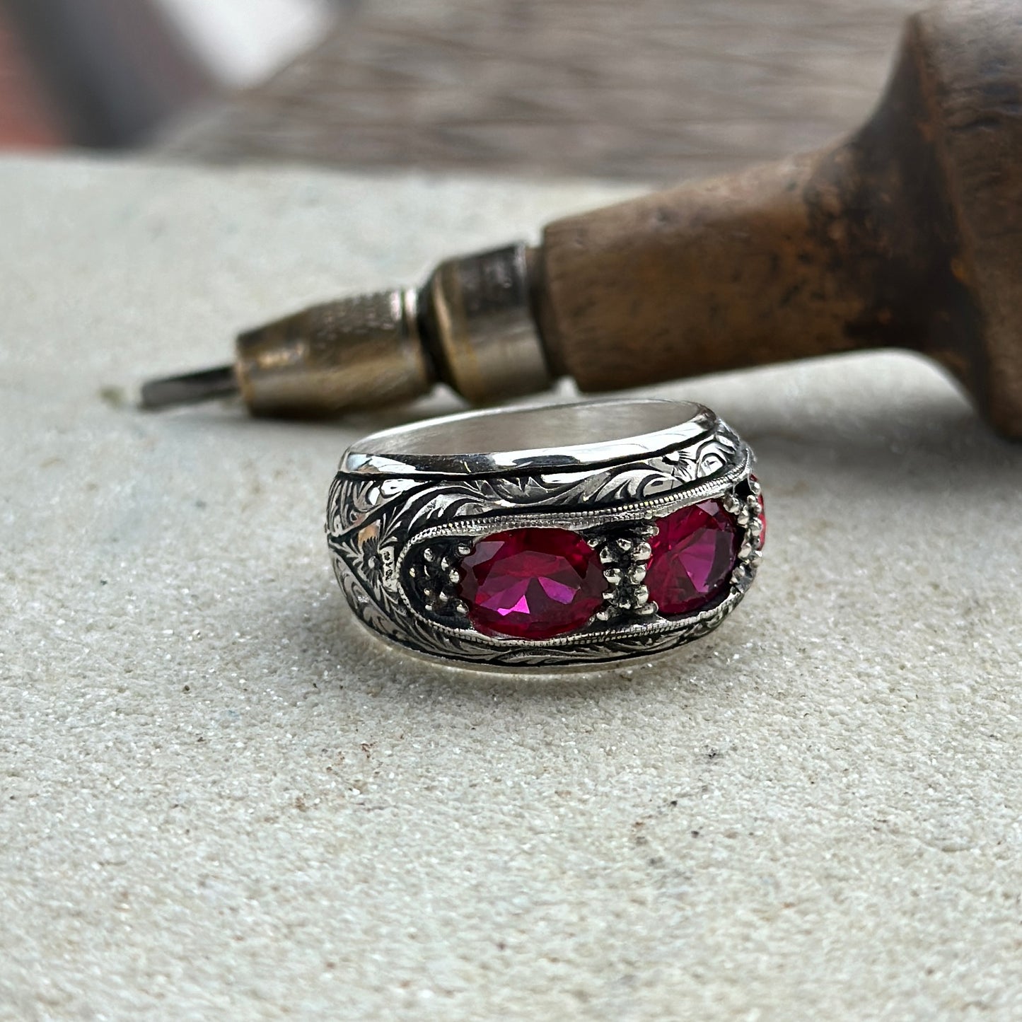 Men Handmade Engraved Ruby Gemstone Band Ring