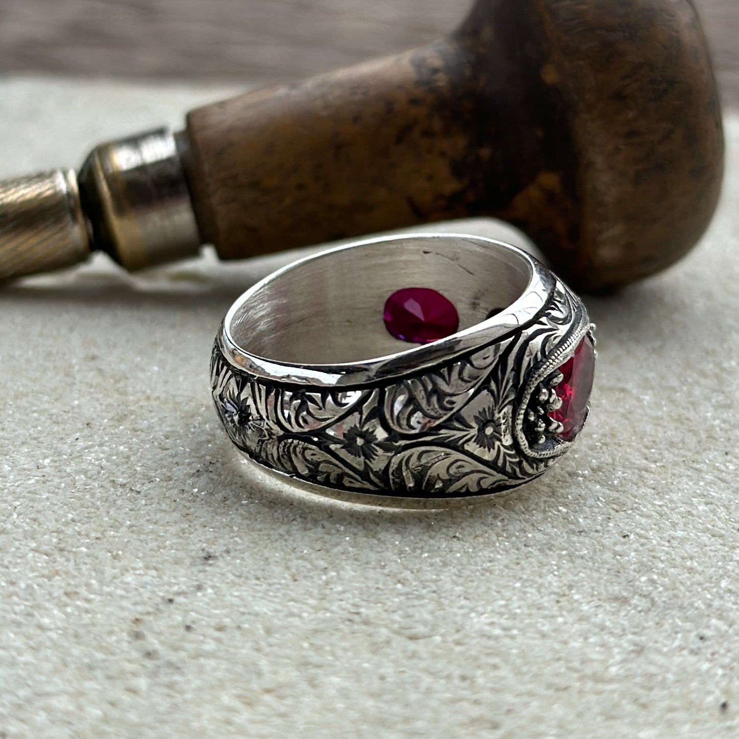 Men Handmade Engraved Ruby Gemstone Band Ring