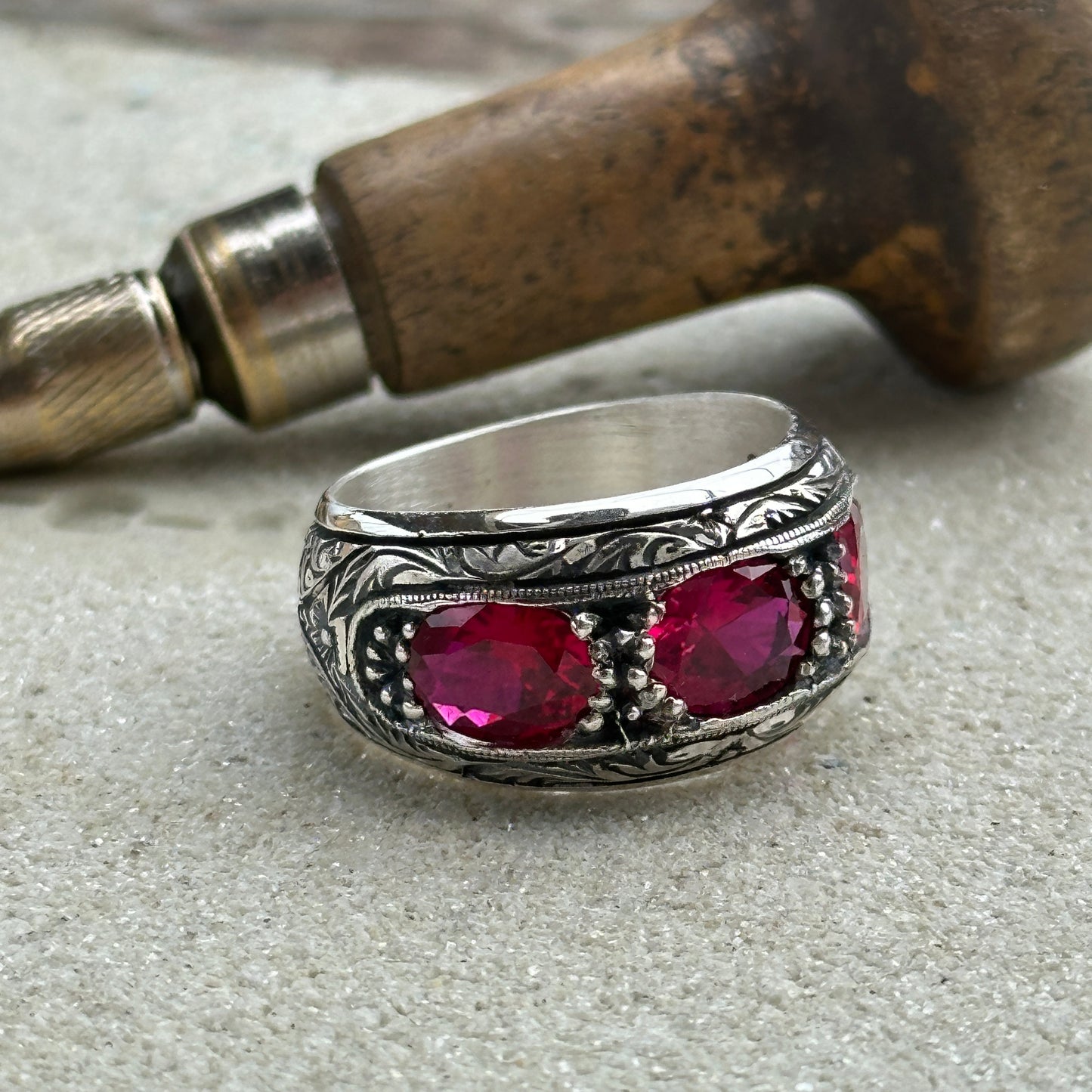 Men Handmade Engraved Ruby Gemstone Band Ring