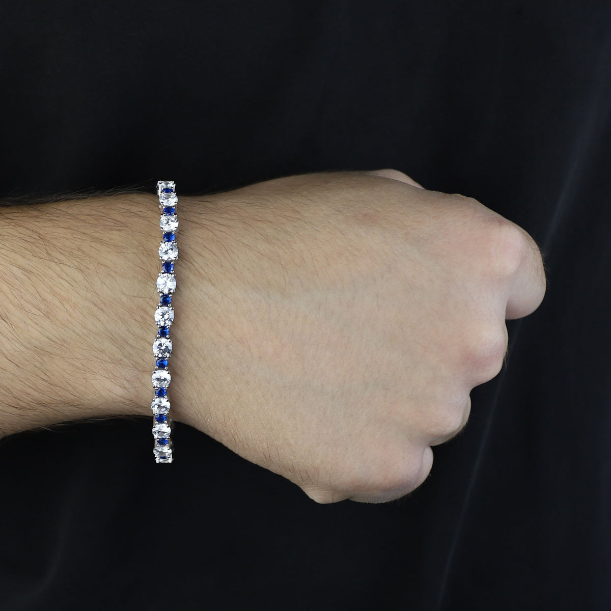 Silver Round Sapphire Bracelet, Men Luxury Blue Sapphire Bracelet, Elegant Sapphire Tennis Bracelet, Unisex Tennis Chain