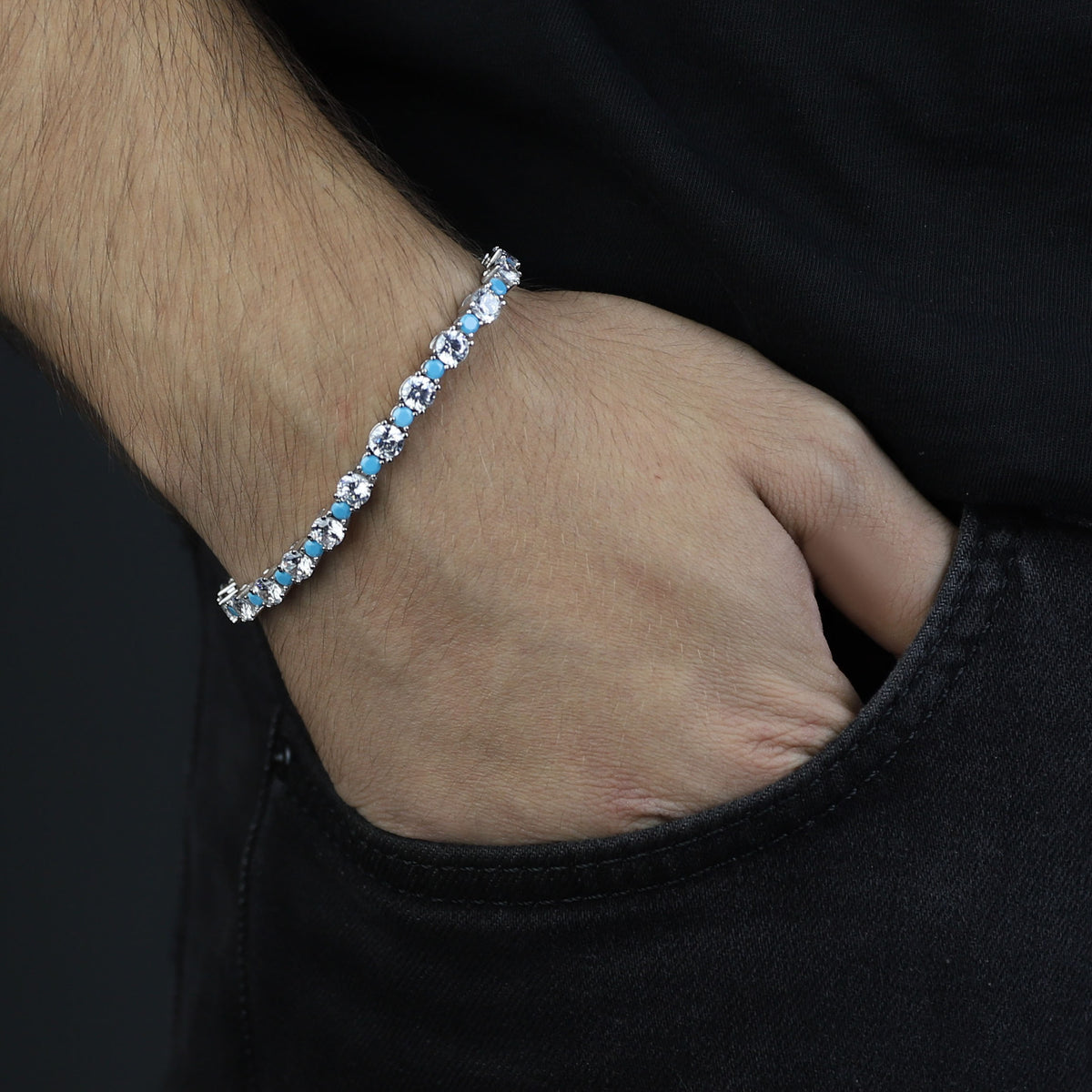 925 Silver Turquoise Tennis Bracelet, Men Round Turquoise Gemstone Bracelet, Diamond Turquoise Tennis Bracelet