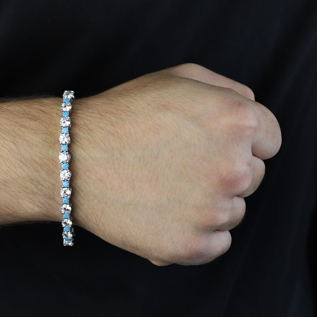 925 Silver Turquoise Tennis Bracelet, Men Round Turquoise Gemstone Bracelet, Diamond Turquoise Tennis Bracelet