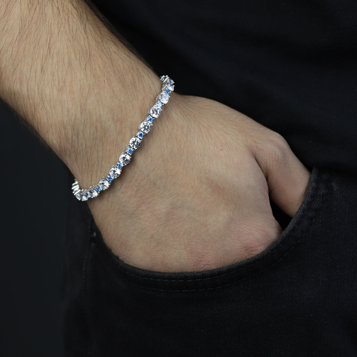 Men Silver Luxury Aquamarine Bracelet, Round Aquamarine Tennis Bracelet, Elegant Men Tennis Link Bracelet, 3MM Round Tennis