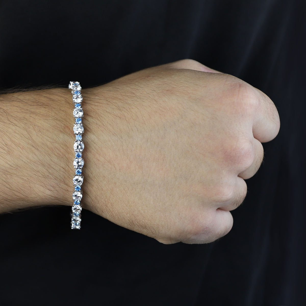Men Silver Luxury Aquamarine Bracelet, Round Aquamarine Tennis Bracelet, Elegant Men Tennis Link Bracelet, 3MM Round Tennis