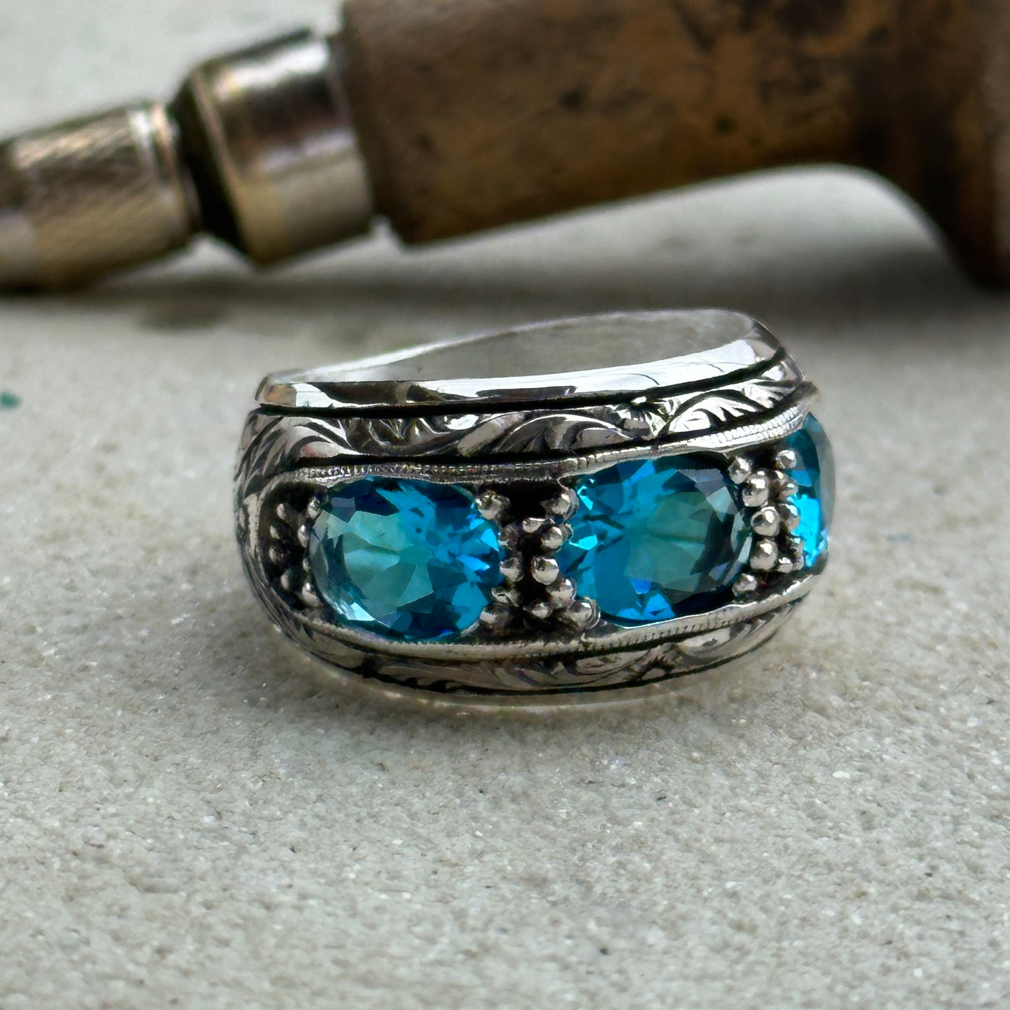 Men Handmade Aquamarine Gemstone Band Ring