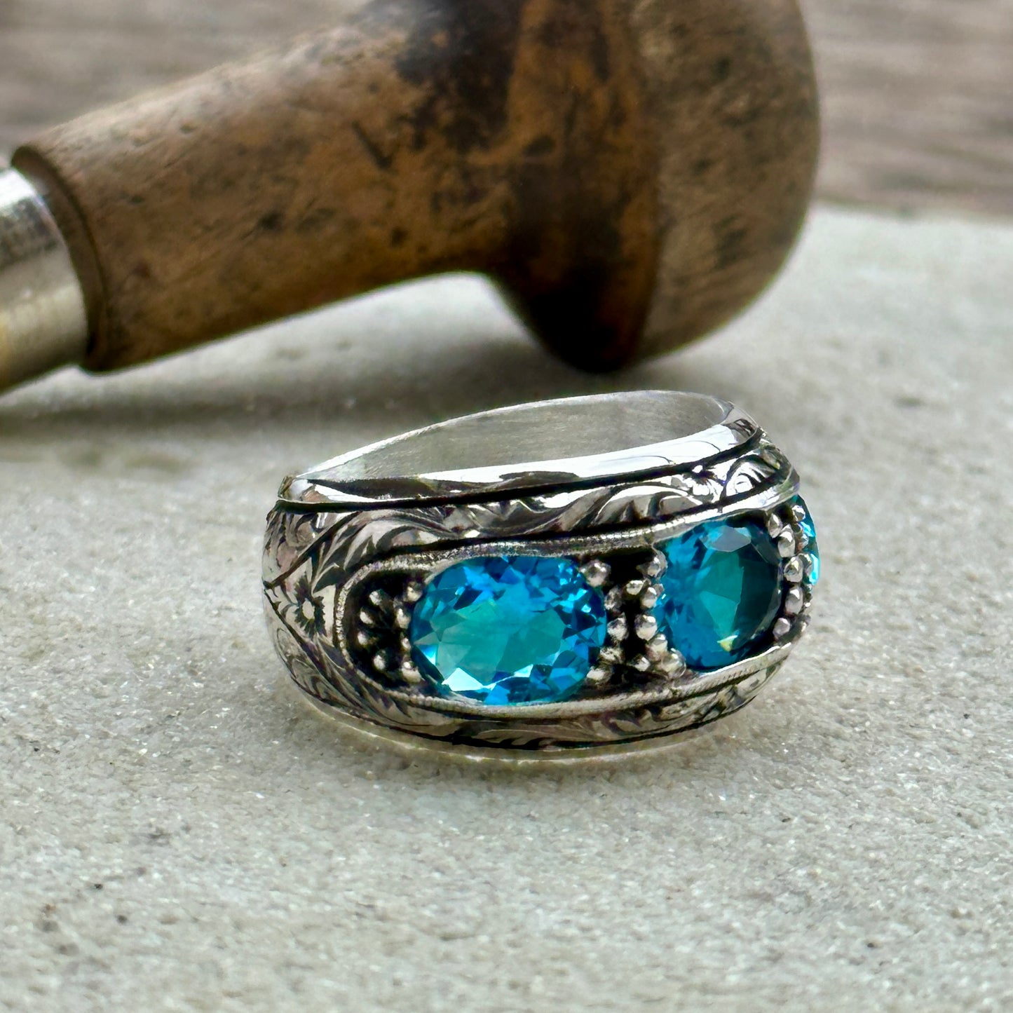 Men Handmade Aquamarine Gemstone Band Ring