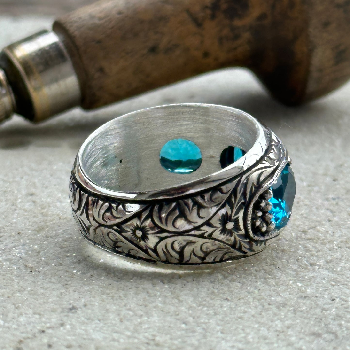 Men Handmade Aquamarine Gemstone Band Ring