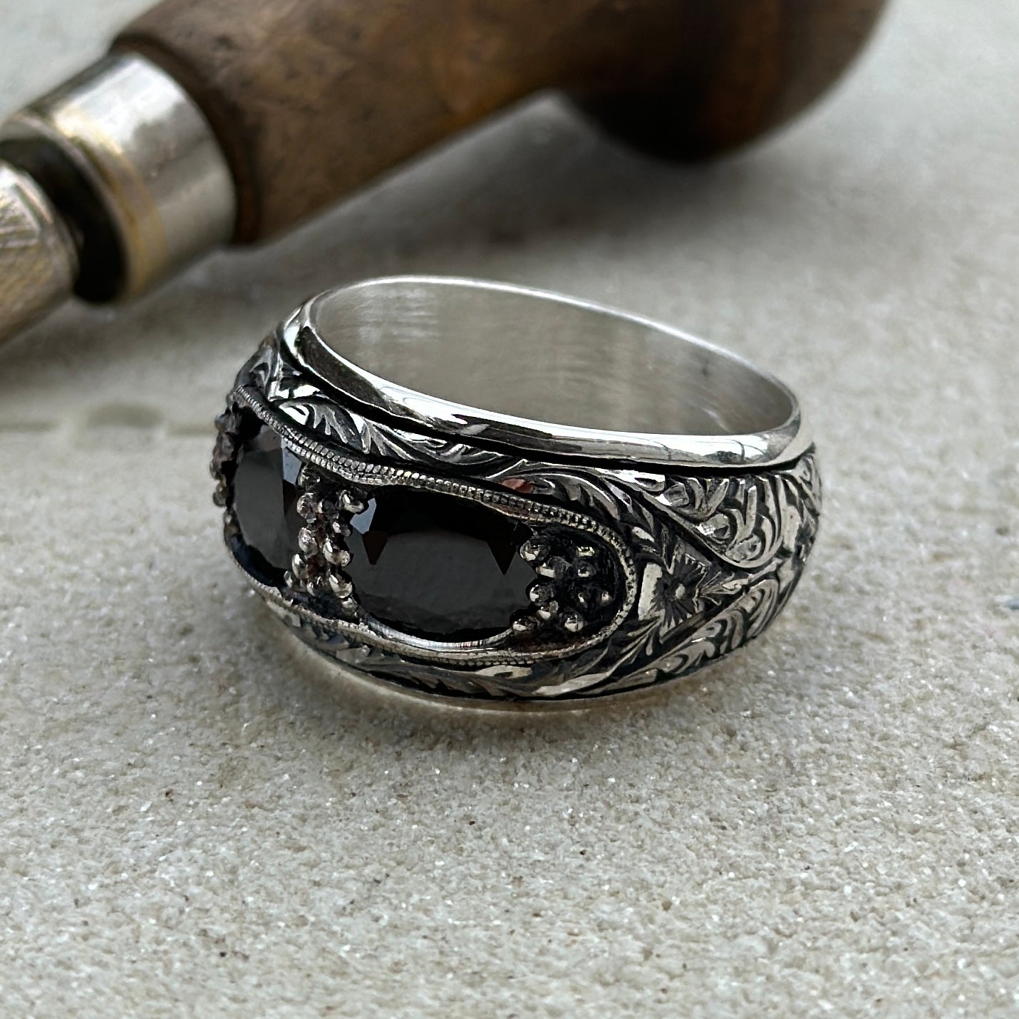 Men Handmade Black  Zircon Gemstone Engraved Band Ring