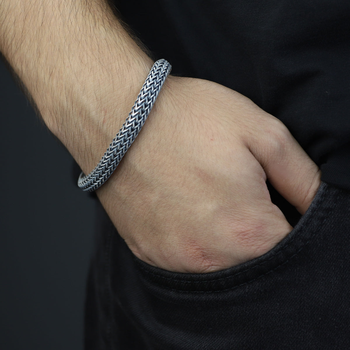 925 Silver Foxtail Onyx Stone Chain Bracelet, 10MM Black Diamond Chain Bracelet, Men Foxtail Chain Bracelet, Black Onyx Stone Bracelet