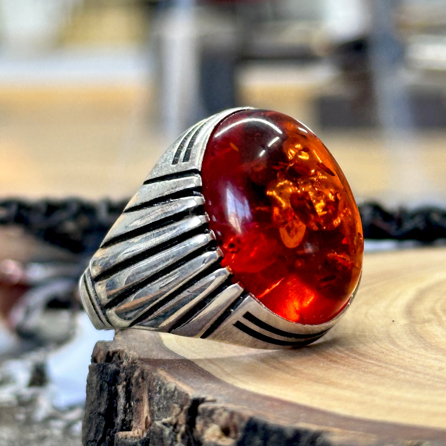 Men Handmade Amber Baltic Gemstone Ring