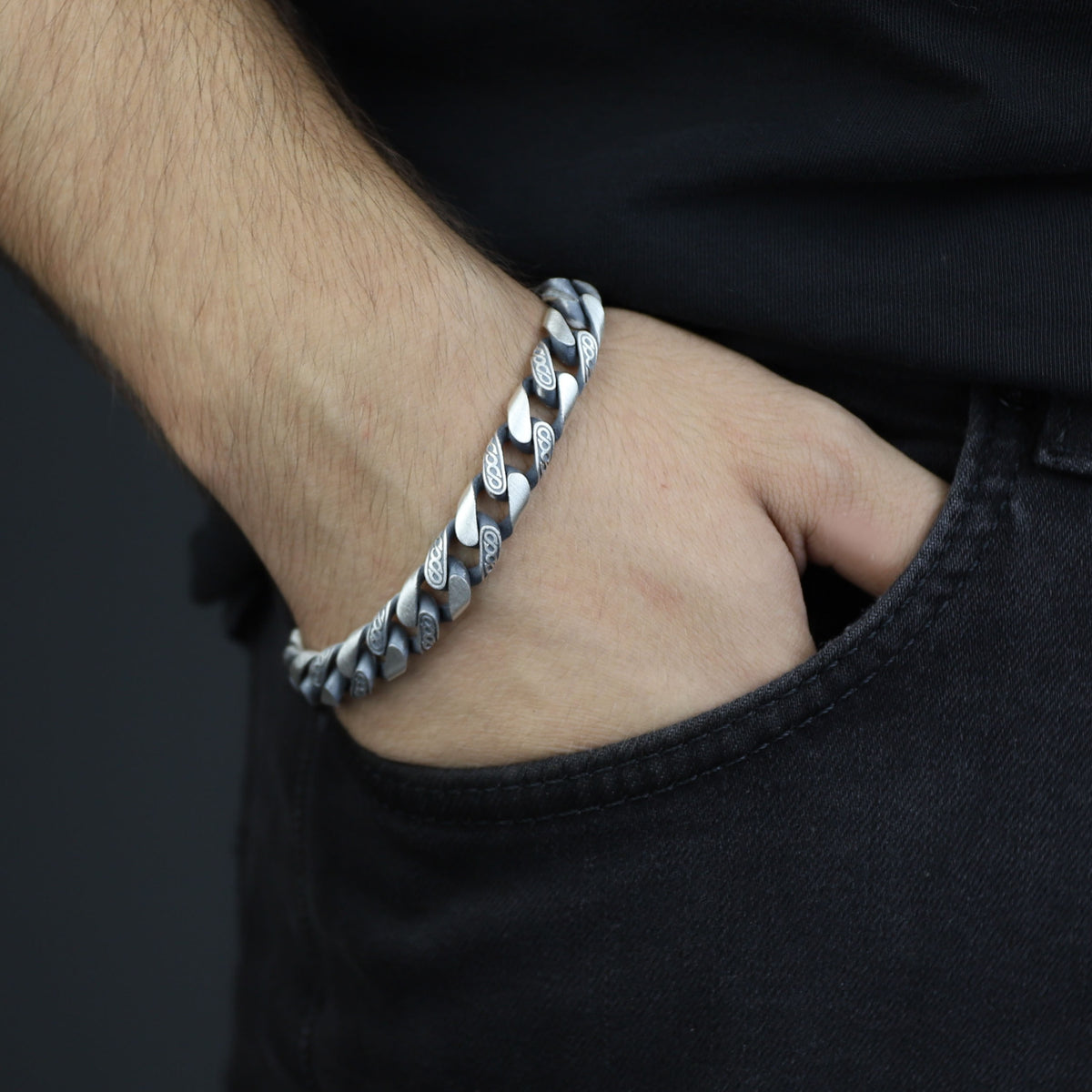 Silver 10MM Engraved Chain Bracelet, Men Curb Chain Bracelet, Cuban Link Chain Bracelet, Perfect Men's Bracelet, Gift For Men