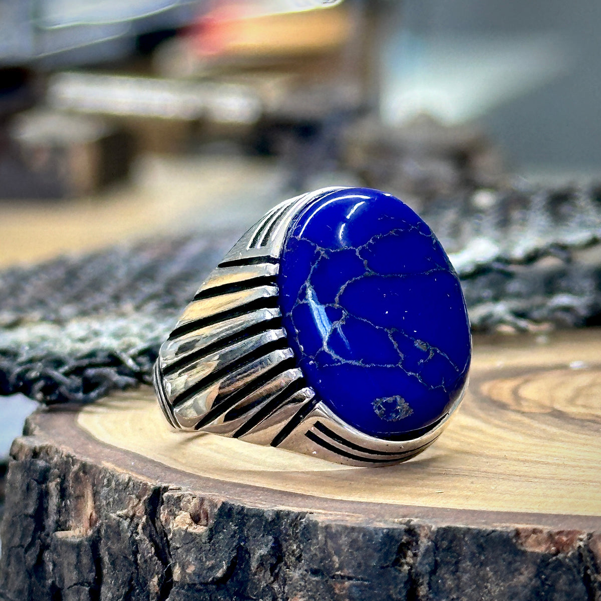 Silver Handmade Ottoman Style Lapis Gemstone Men Ring