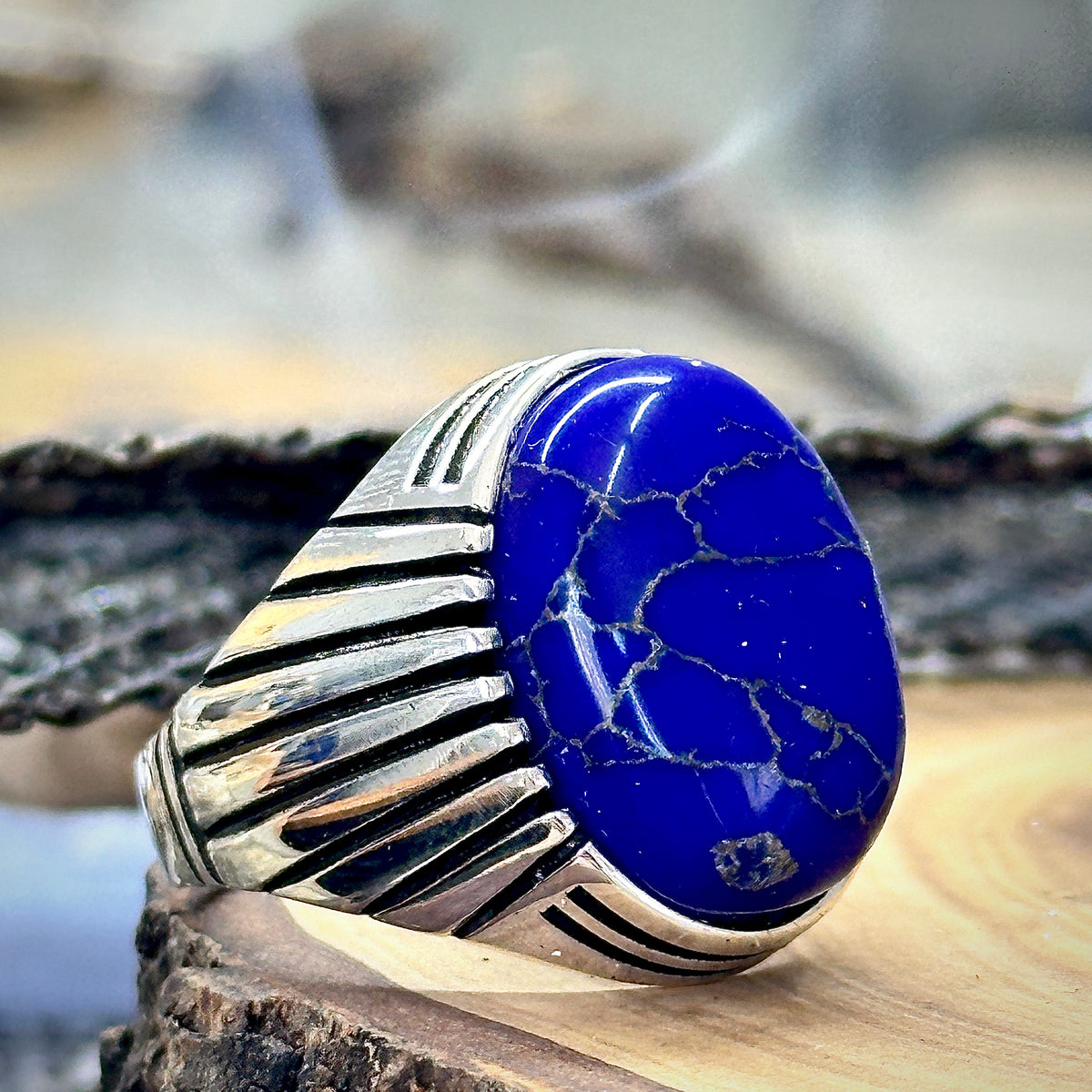 Silver Handmade Ottoman Style Lapis Gemstone Men Ring
