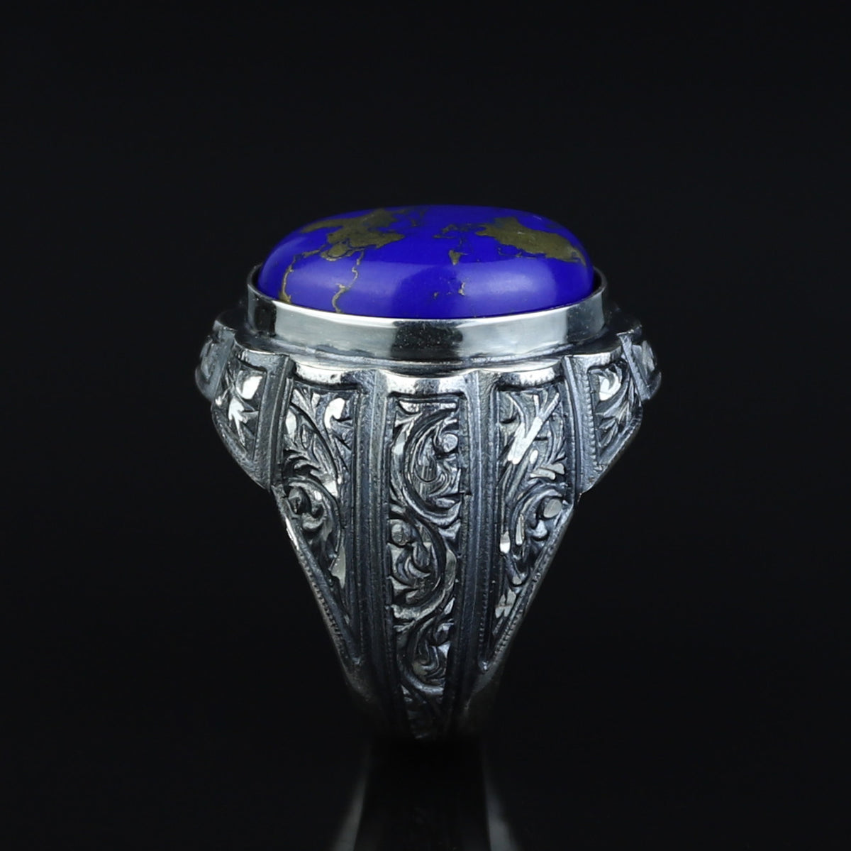 Men Handmade Engraved Natural Lapis Lazuli Gemstone Ottoman Style Ring