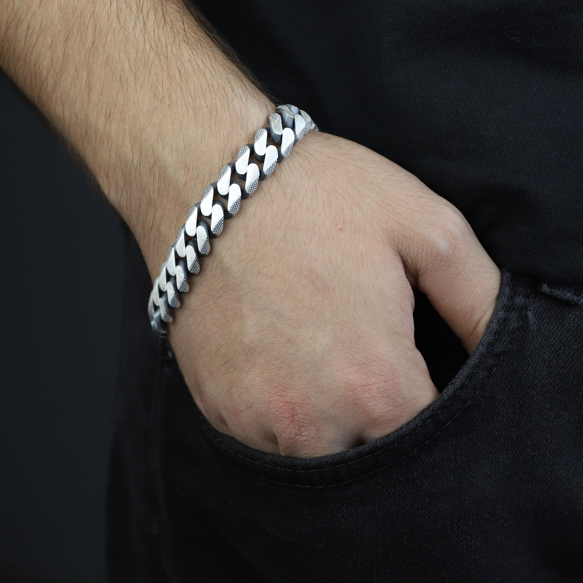 Solid 925 Sterling Silver Bracelet, 10mm Engraved Curb Chain Bracelet, Handmade Chain Bracelet