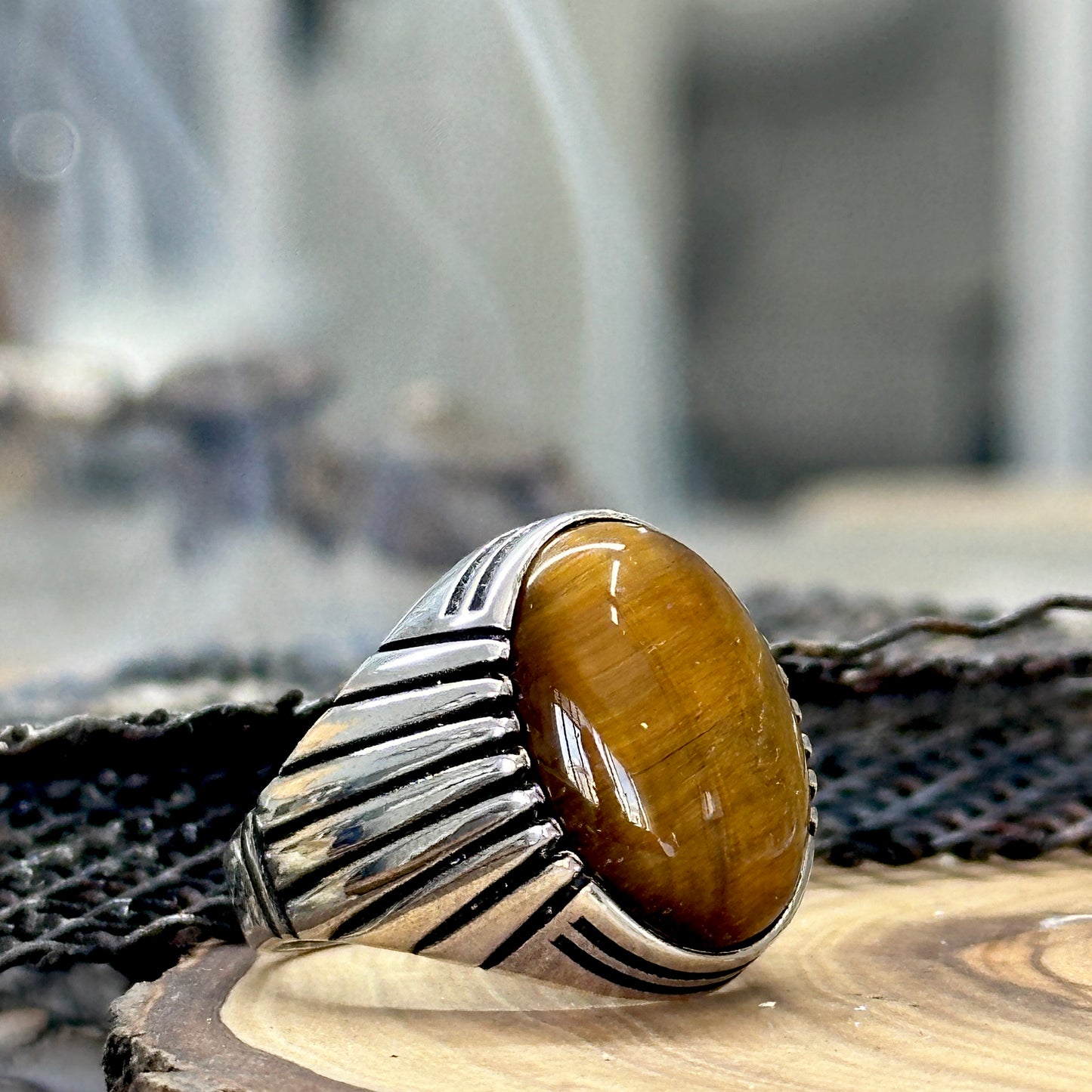Men Handmade Silver Turkish Tiger Eye Gemstone Ring