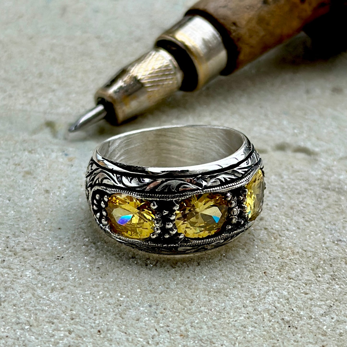 Men Handmade Engraved Yellow Citrine Band Ring