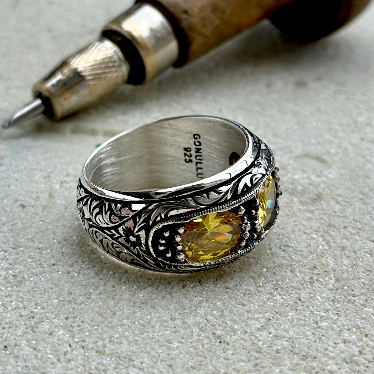 Men Handmade Engraved Yellow Citrine Band Ring