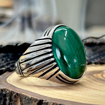 Handmade Natural Malachite Sterling Silver Ring For Men - Oval Stone, Sizes 4 To 13