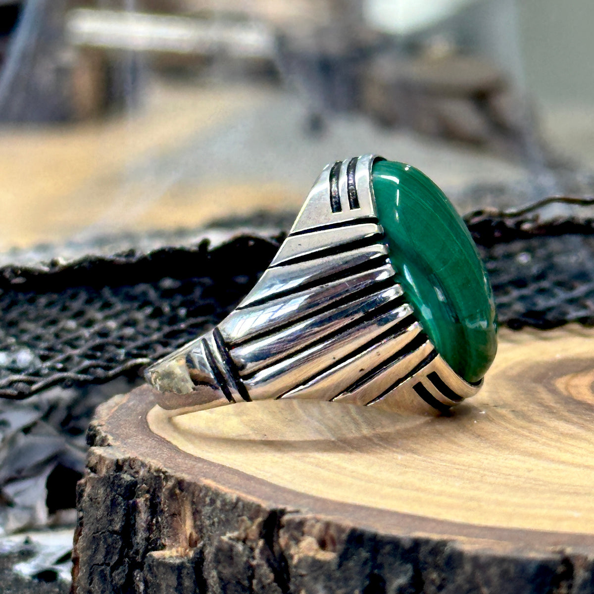 Men Silver Handmade Green Natural Malachite Stone Ring