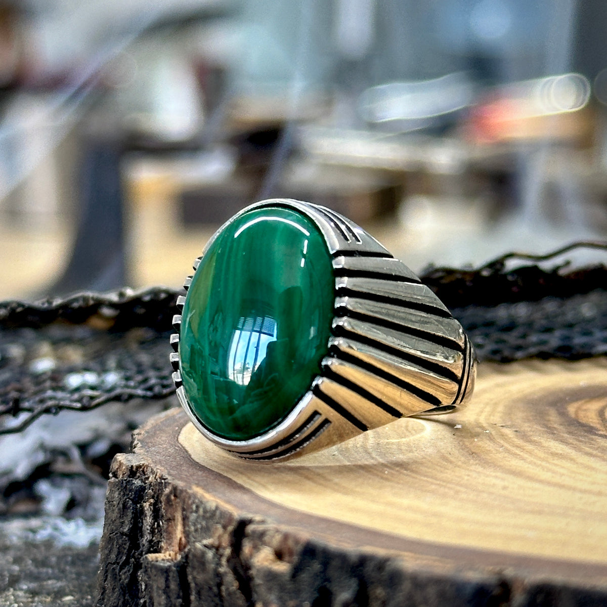 Men Silver Handmade Green Natural Malachite Stone Ring