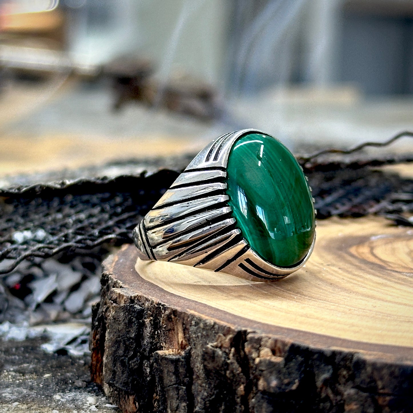 Men Silver Handmade Green Natural Malachite Stone Ring