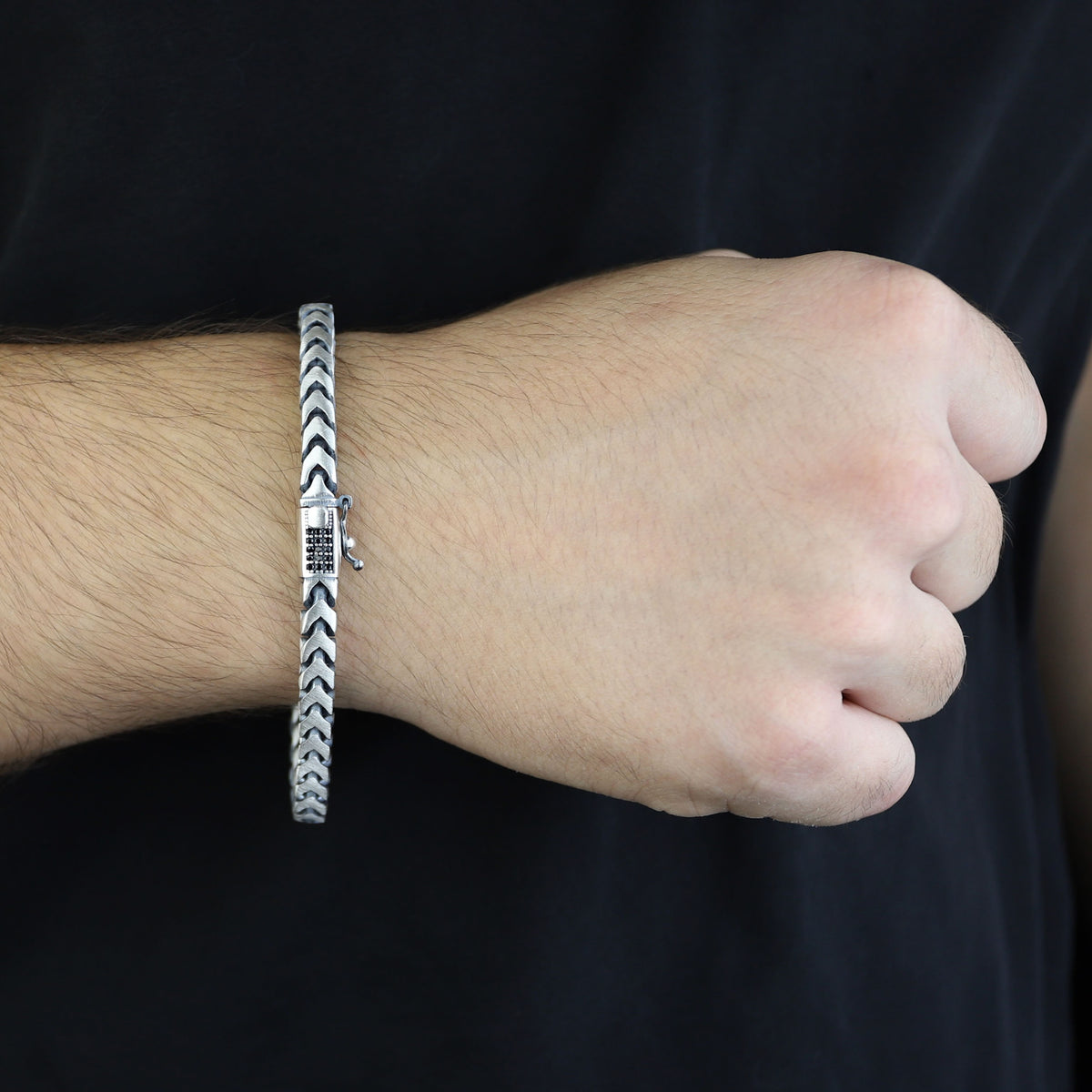 925 Solid Silver Curb Chain Bracelet, 5MM Franco Chain Bracelet, Onyx Stone Chain Curb Bracelet, Unique Men Chain Gift Bracelet