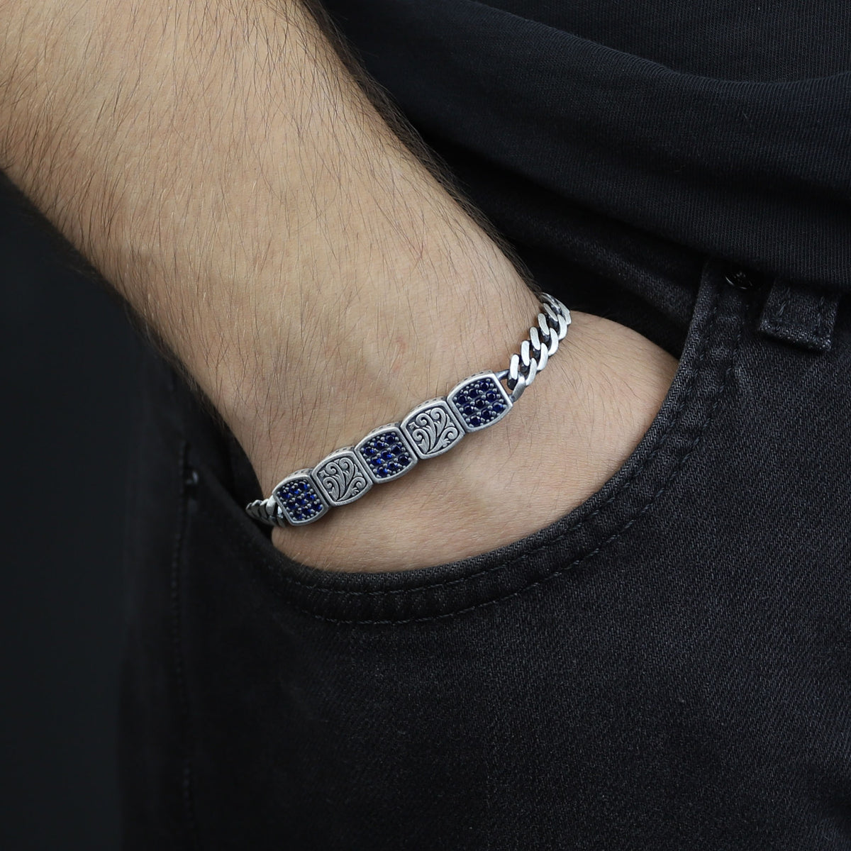 925 Silver Sapphire Stone Curb Chain Bracelet, Mens Blue Gemstone Chain Bracelet, Sapphire Diamond Bracelet, Perfect Gift, Anniversary Gifts