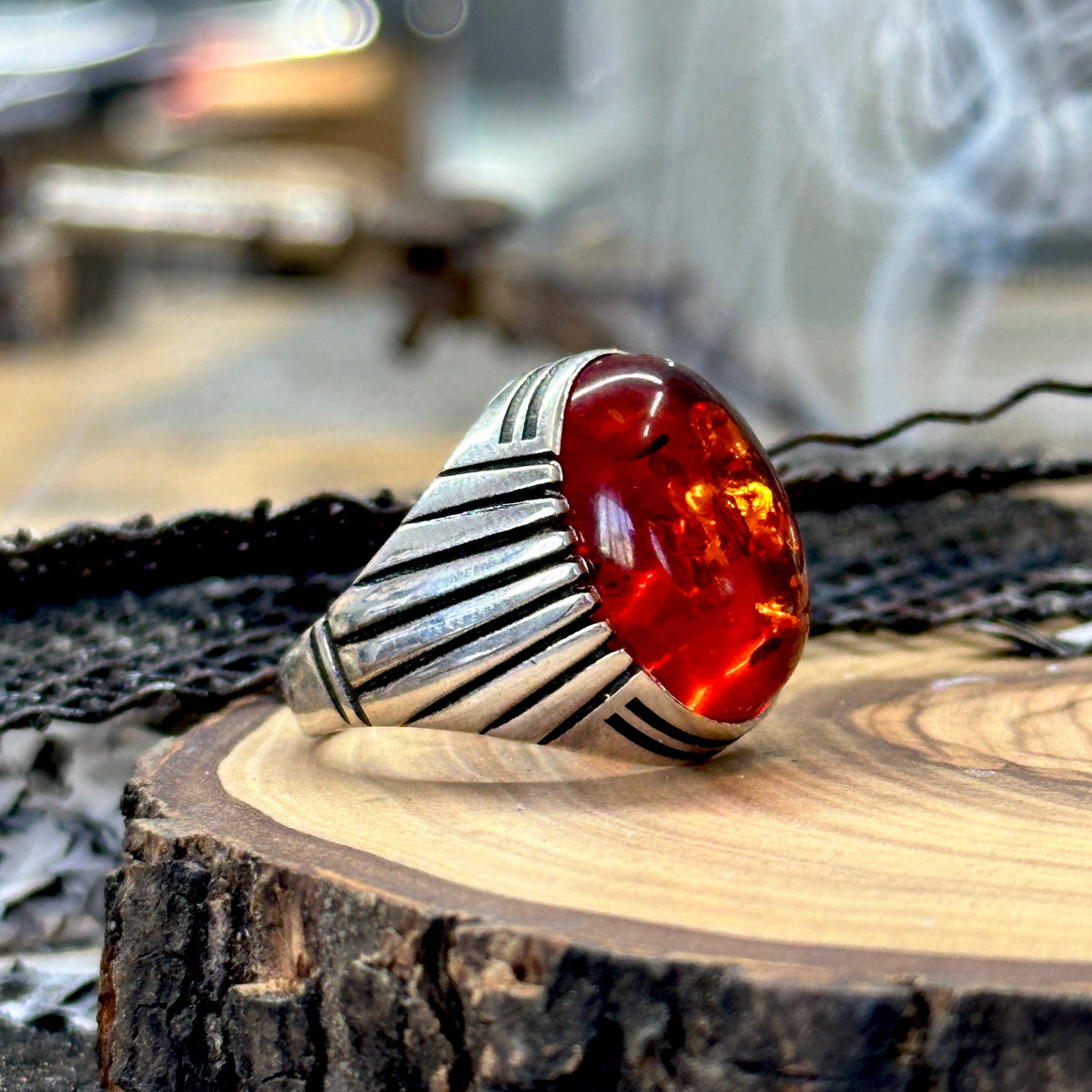 Men Handmade Amber Baltic Gemstone Ring