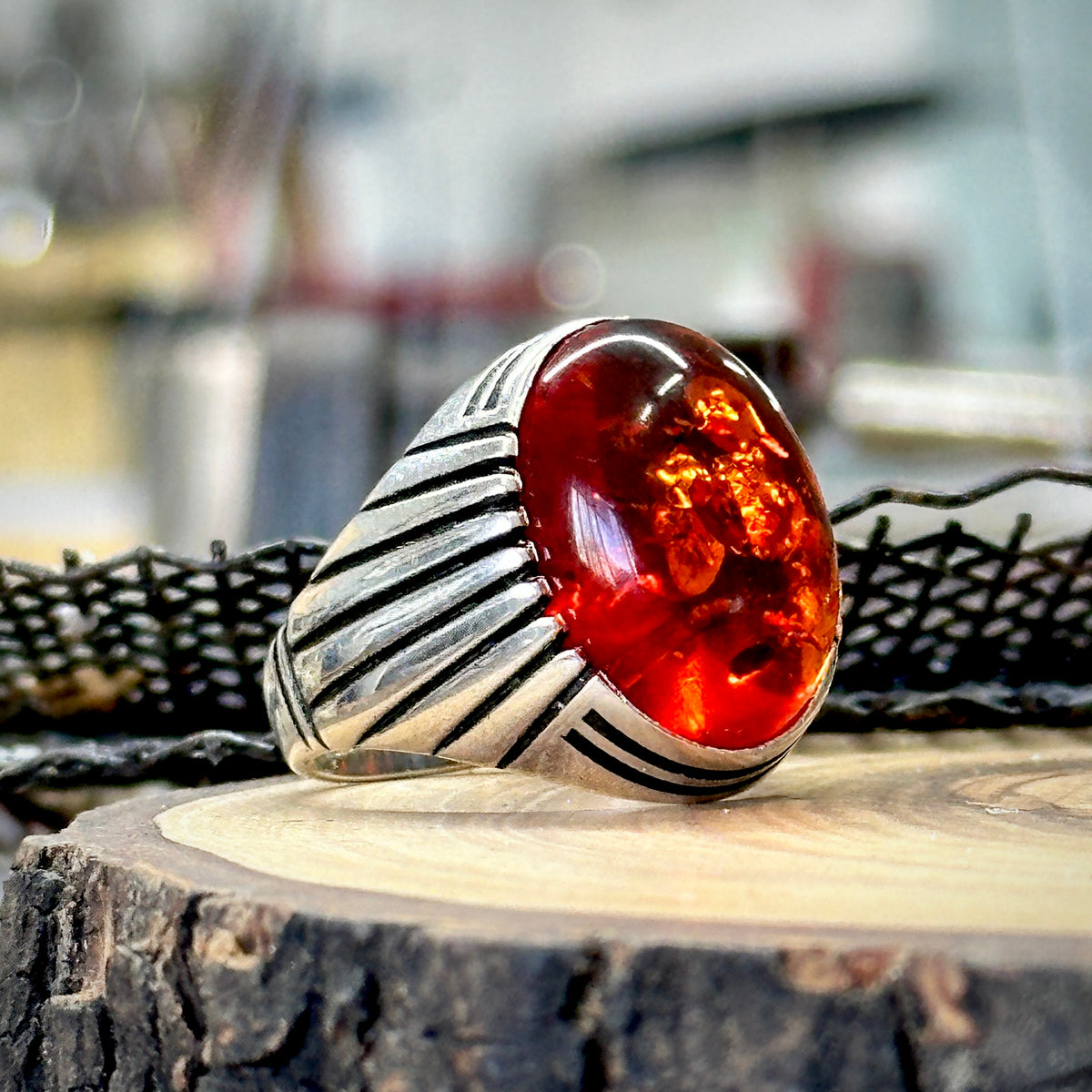 Men Handmade Amber Baltic Gemstone Ring